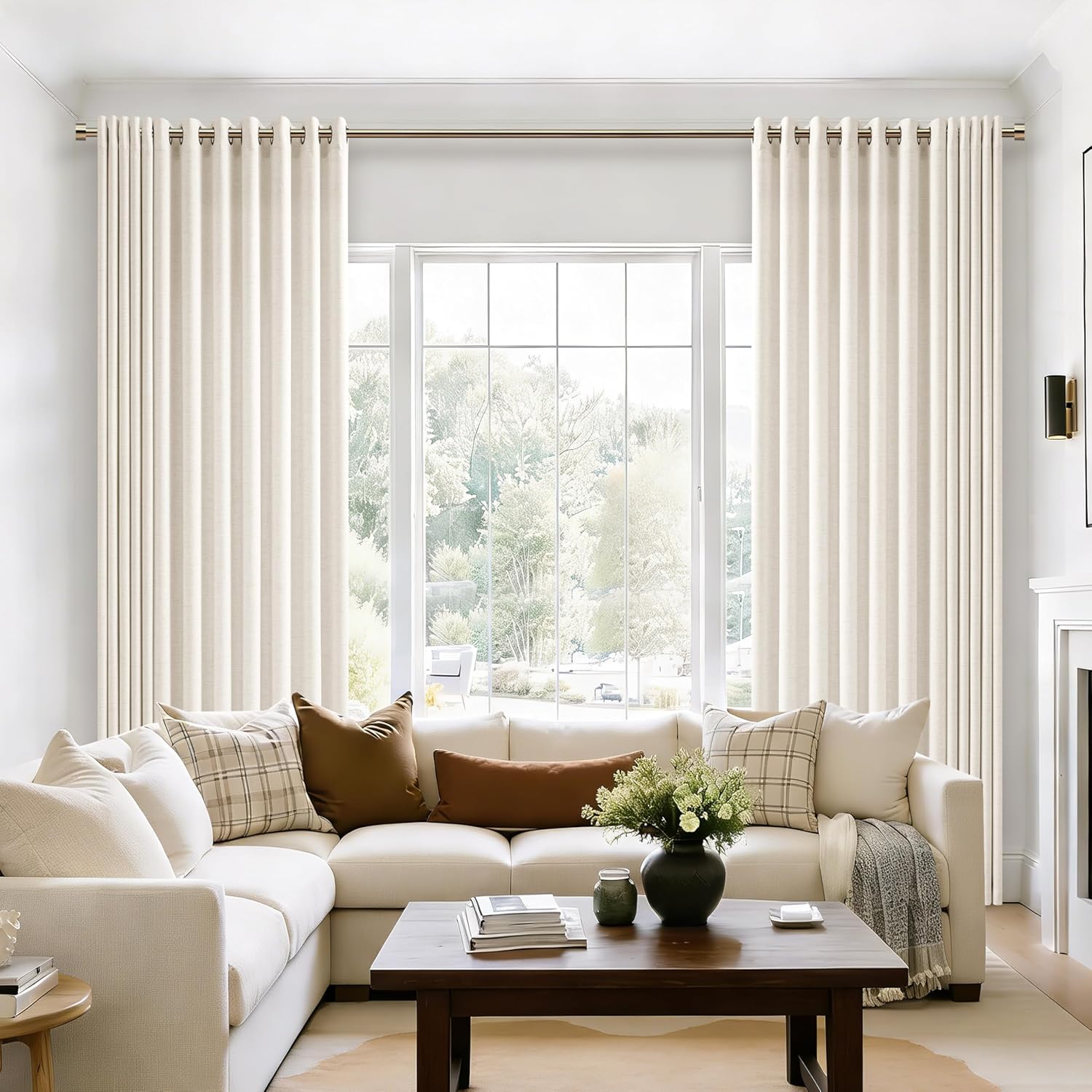 Natural Linen Curtains 96 Inches Long 2 Panels Bronze Grommet Curtain Burlap Ivory Cream Colored Light Filtering Semi Sheer Drapes Thick Linen Blend Floor to Ceiling Length Living Room 8ft