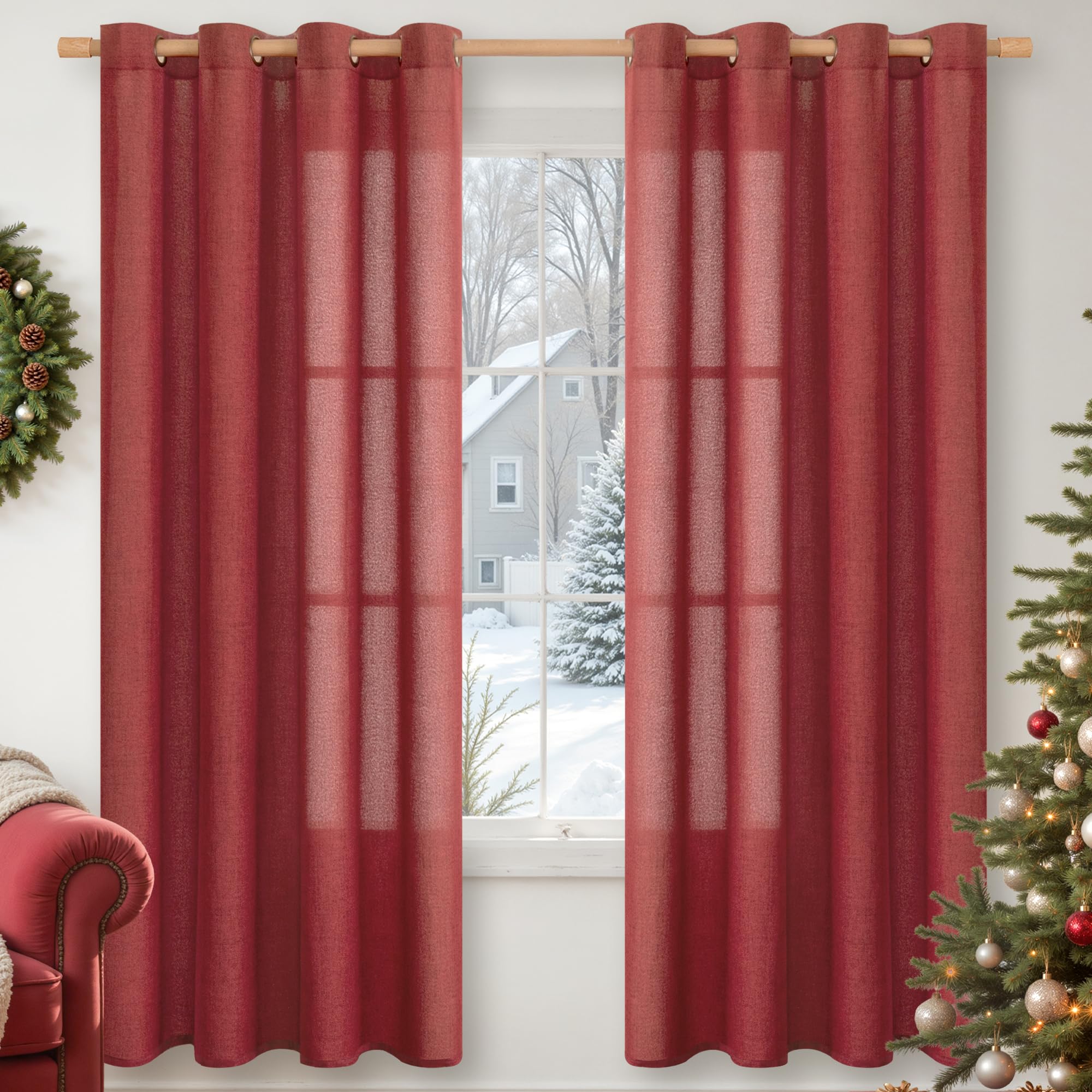 YoungsTex Linen Semi Sheer Curtains 63 Inch Length 2 Panels for Living Room - Light Filtering Drapes with Bronze Grommet Beige Window Treatments for Country Office Bedroom, 52 X 63 Inch