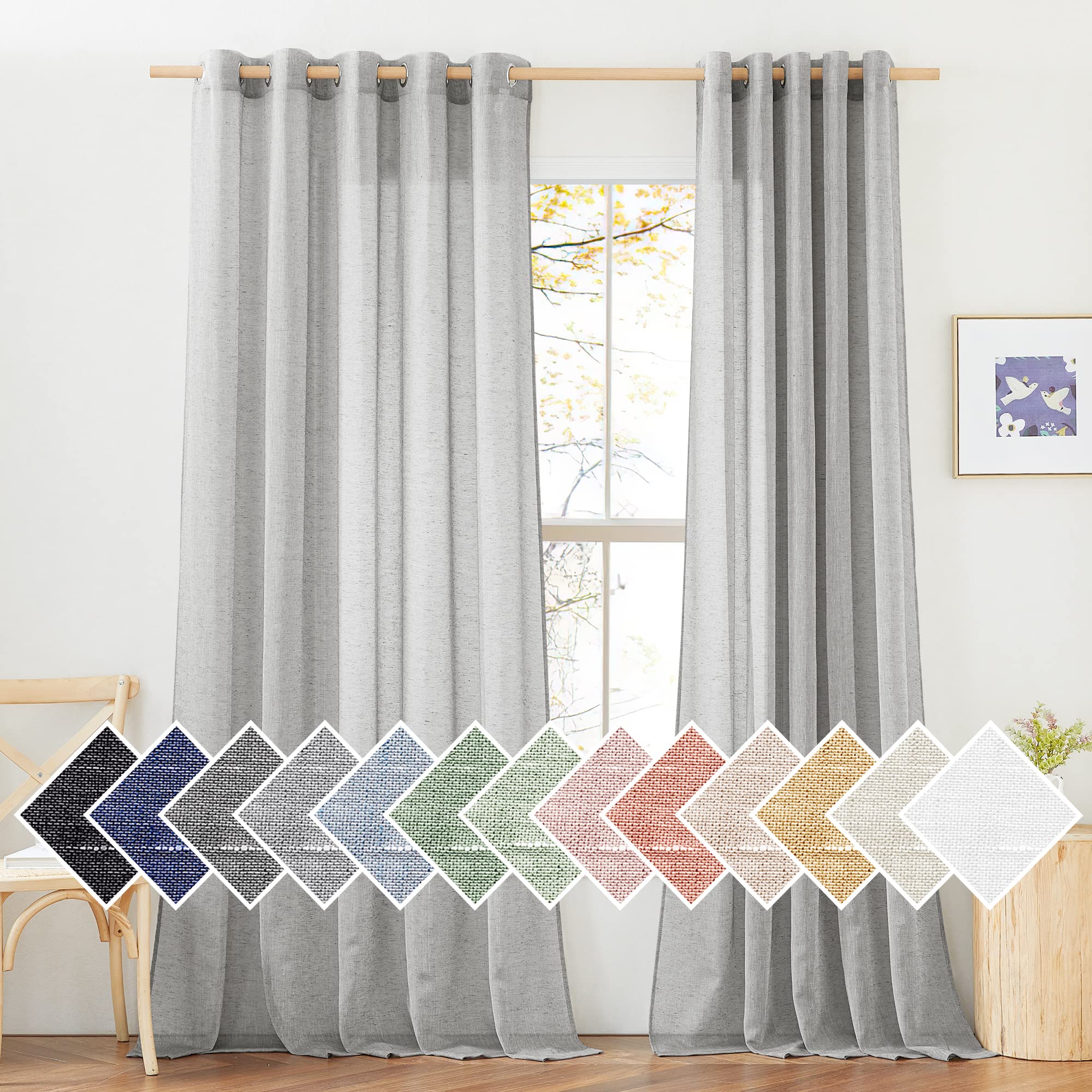 NICETOWN Semi Sheer Linen Curtains for Bedroom 84 inches Long, Grommet Privacy Vertical Farmhouse Window with Light Filtering for Living Room, Natural, W52 x L84, 2 Pieces