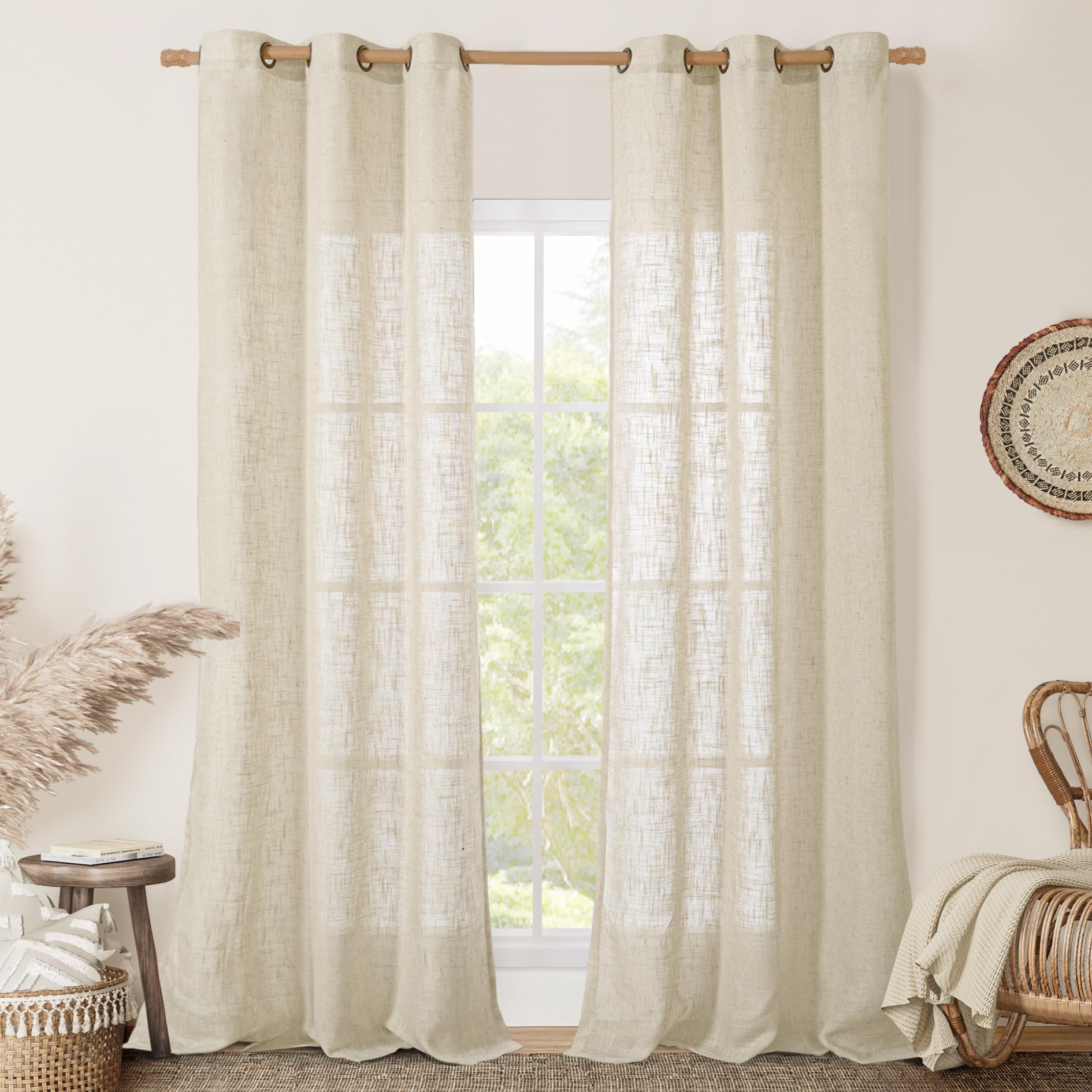 LAMIT Natural Ivory Linen Semi Sheer Curtains 84 inch Length, Cream Light Filtering Soft Thick Neutral Living Room Drapes with Bronze Grommet for Bedroom/Farmhouse, 2 Panels, 52 x 84 Inch
