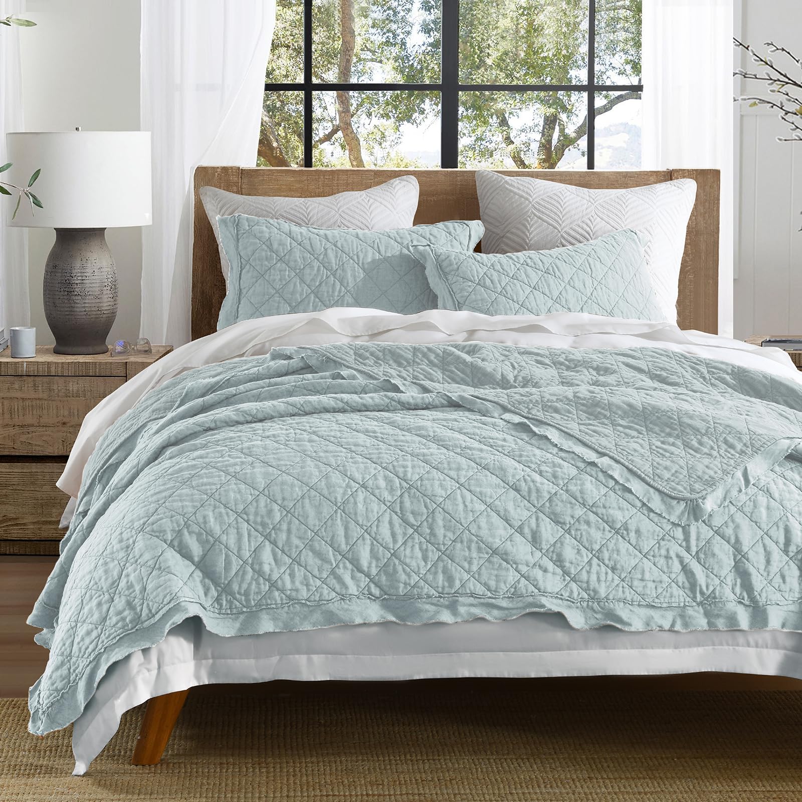 HORIMOTE HOME 100% Linen Front/100% Cotton Back Quilt Set Queen Size, White Pre-Washed European Flax Linen Quilt, Diamond Stitch Bedspread Coverlet Bedding Set 3-Piece for All Seasons
