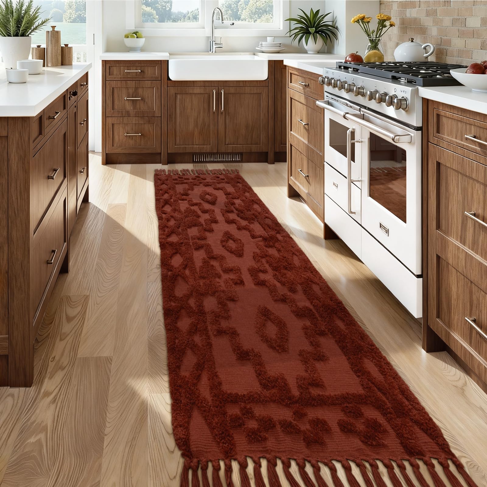 Uphome Boho Bathroom Rug 2' x 3', Washable Small Farmhouse Bedroom Rugs with Tassels, Beige Geometric Bath Mats for Home Decor, Cotton Woven Moroccan Tufted Throw Rug for Entryway Front Door Kitchen
