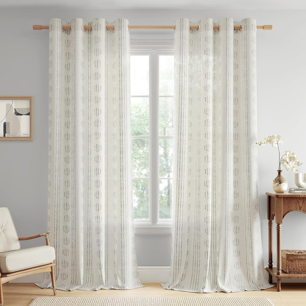 Boho Linen Curtains for Bedroom Living Room Grey Farmhouse Boho Curtains 84 Inches Long Geometric Striped Patterned Mudcloth Grommet Top Light Filtering Window Drapes 2 Panels Gray on Beige