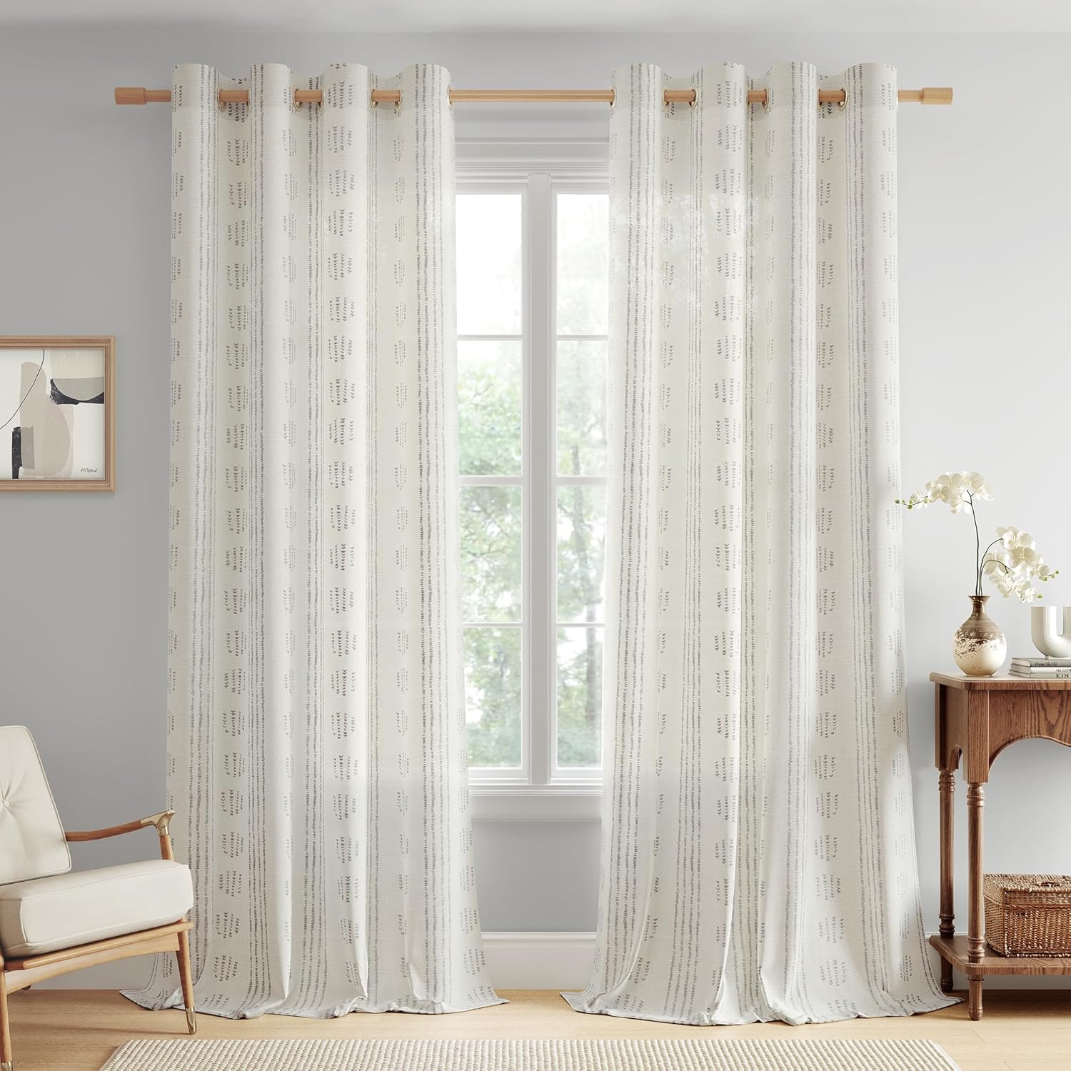 Boho Linen Curtains for Bedroom Living Room Grey Farmhouse Boho Curtains 84 Inches Long Geometric Striped Patterned Mudcloth Grommet Top Light Filtering Window Drapes 2 Panels Gray on Beige