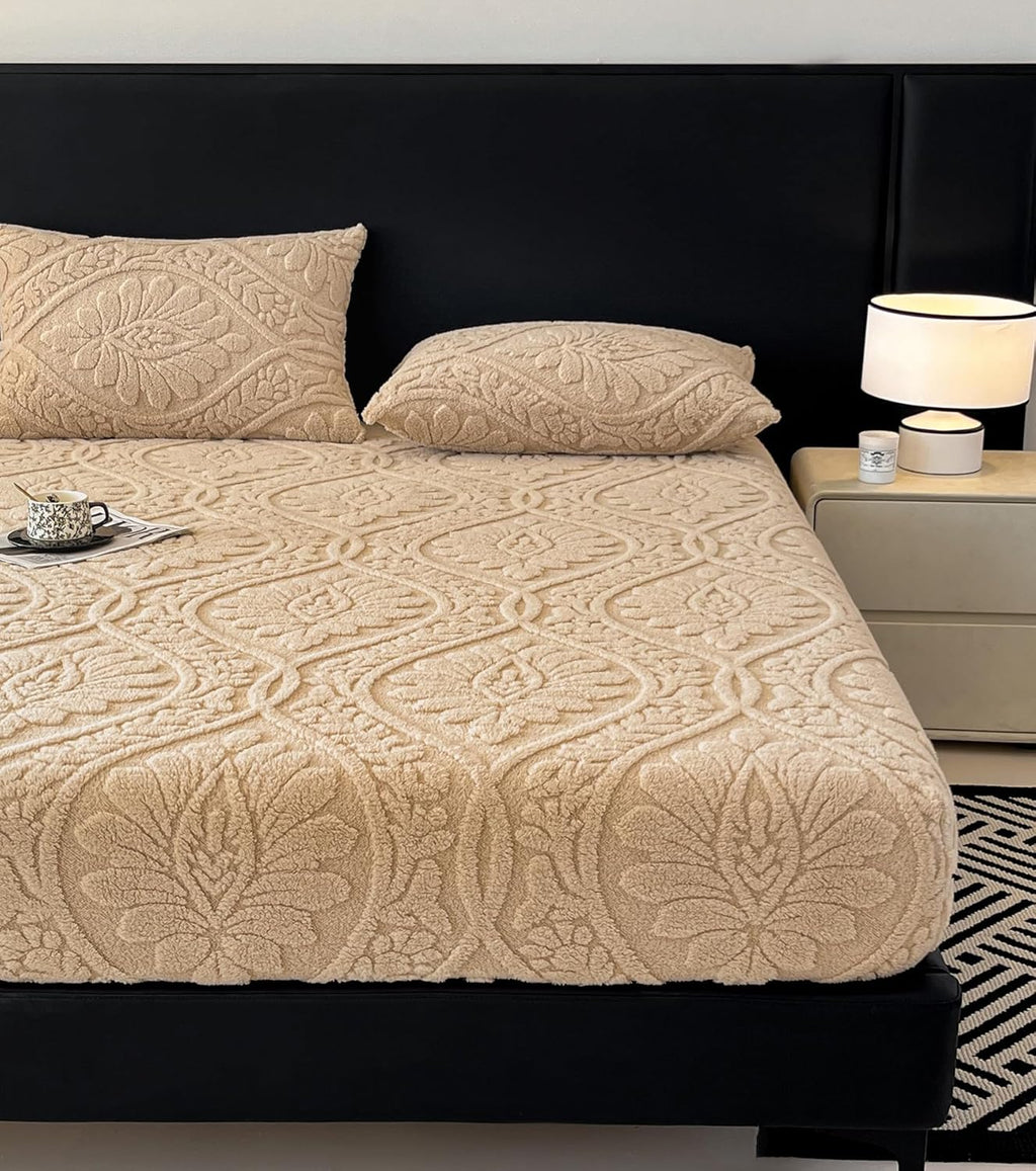 LweiPsqLin Fluffy Velvet Fitted Sheet Full Size - Micro Fleece Bed Sheet with 15" Deep Pockets, Bohemian Floral Jacquard Mattress Cover, Shrink & Fade Resistant, Khaki