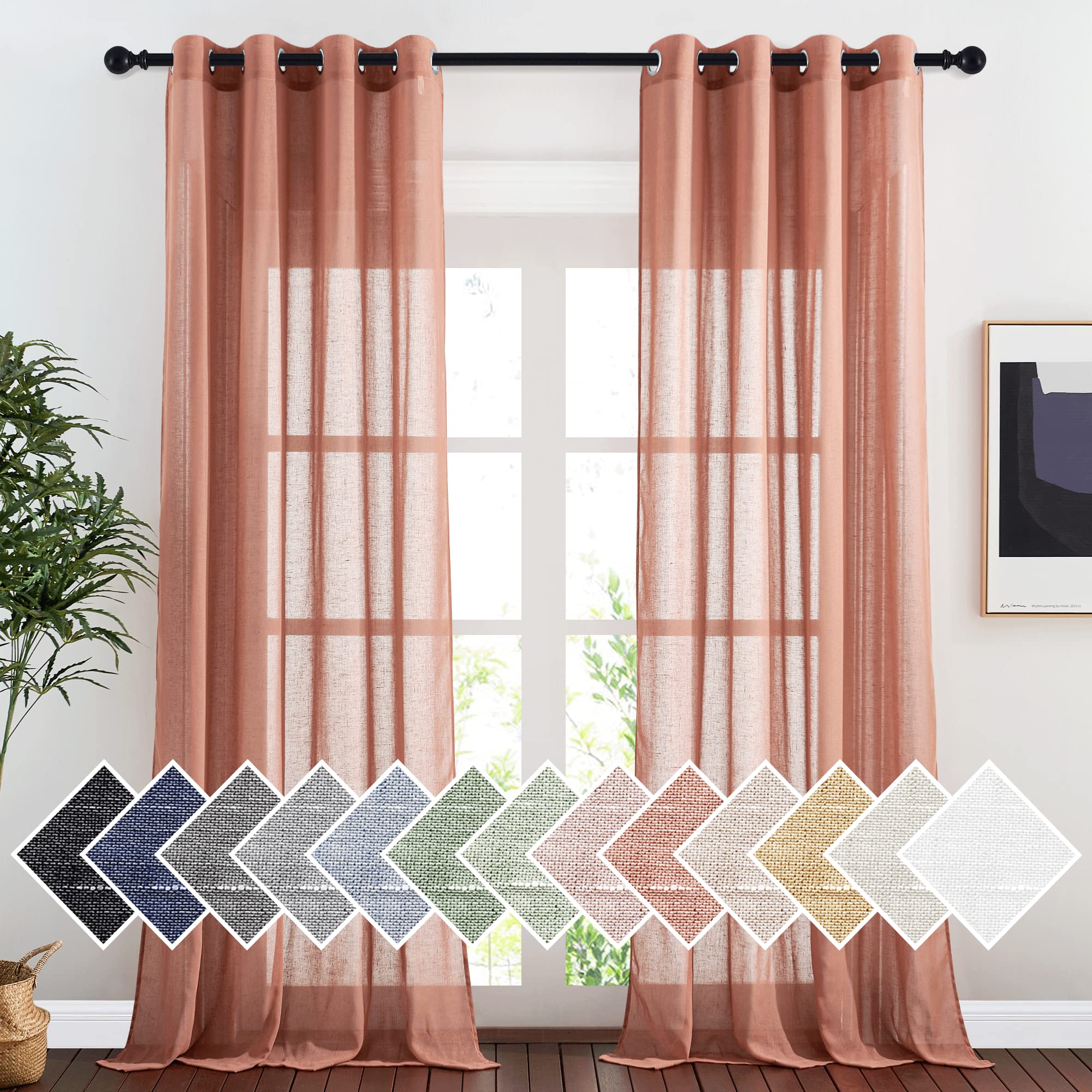 NICETOWN Semi Sheer Linen Curtains for Bedroom 84 inches Long, Grommet Privacy Vertical Farmhouse Window with Light Filtering for Living Room, Natural, W52 x L84, 2 Pieces