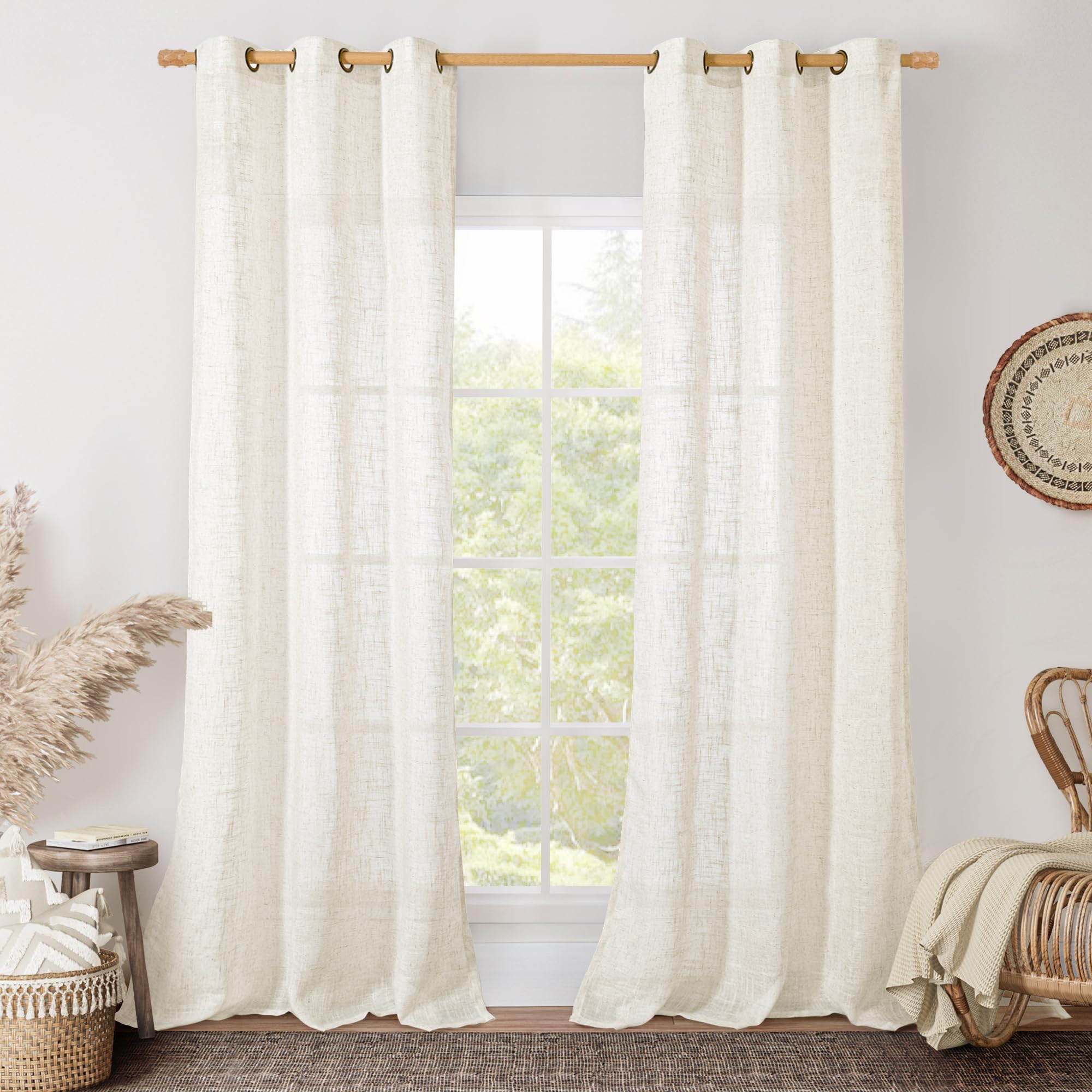 LAMIT Natural Ivory Linen Semi Sheer Curtains 84 inch Length, Cream Light Filtering Soft Thick Neutral Living Room Drapes with Bronze Grommet for Bedroom/Farmhouse, 2 Panels, 52 x 84 Inch