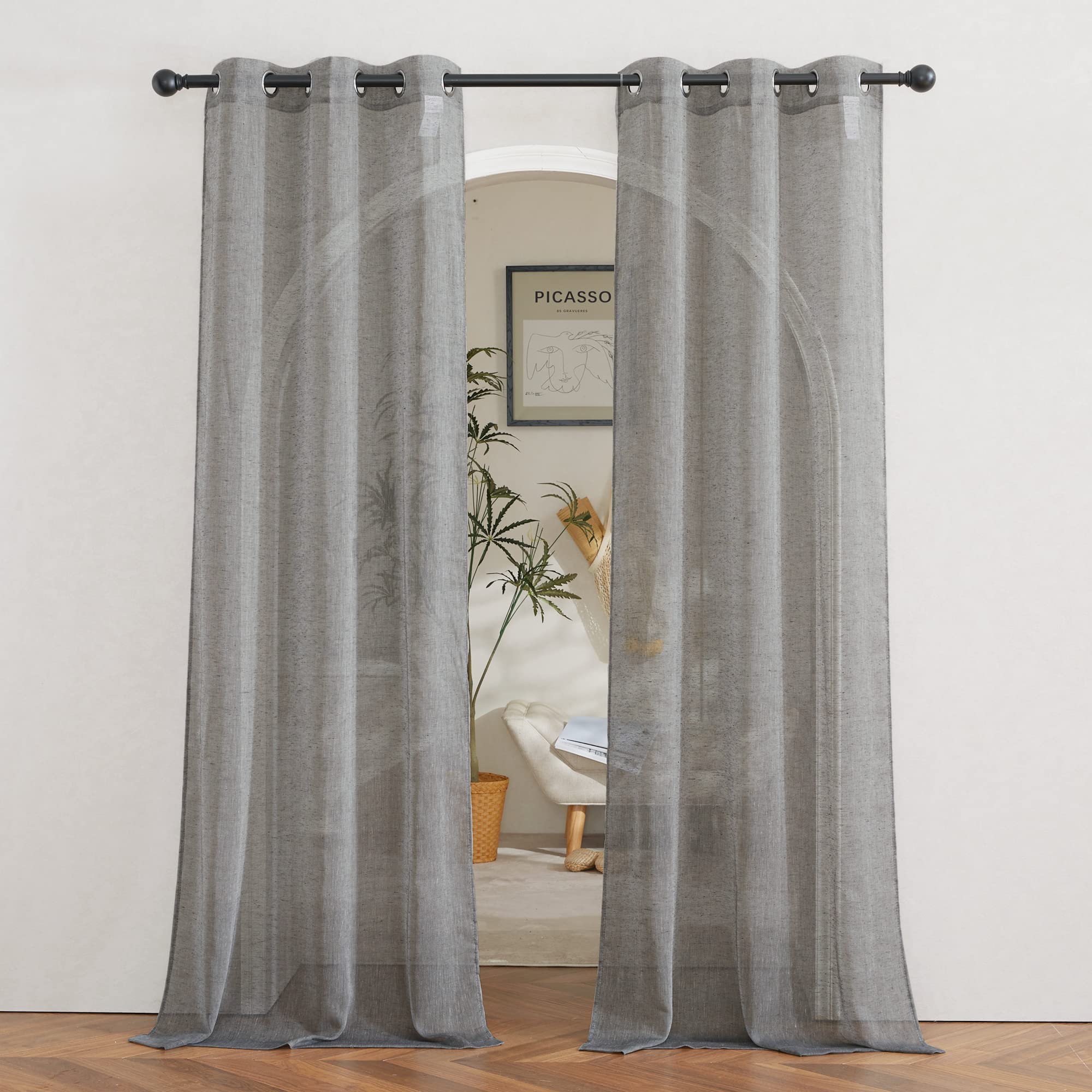 NICETOWN Semi Sheer Linen Curtains for Bedroom 84 inches Long, Grommet Privacy Vertical Farmhouse Window with Light Filtering for Living Room, Natural, W52 x L84, 2 Pieces