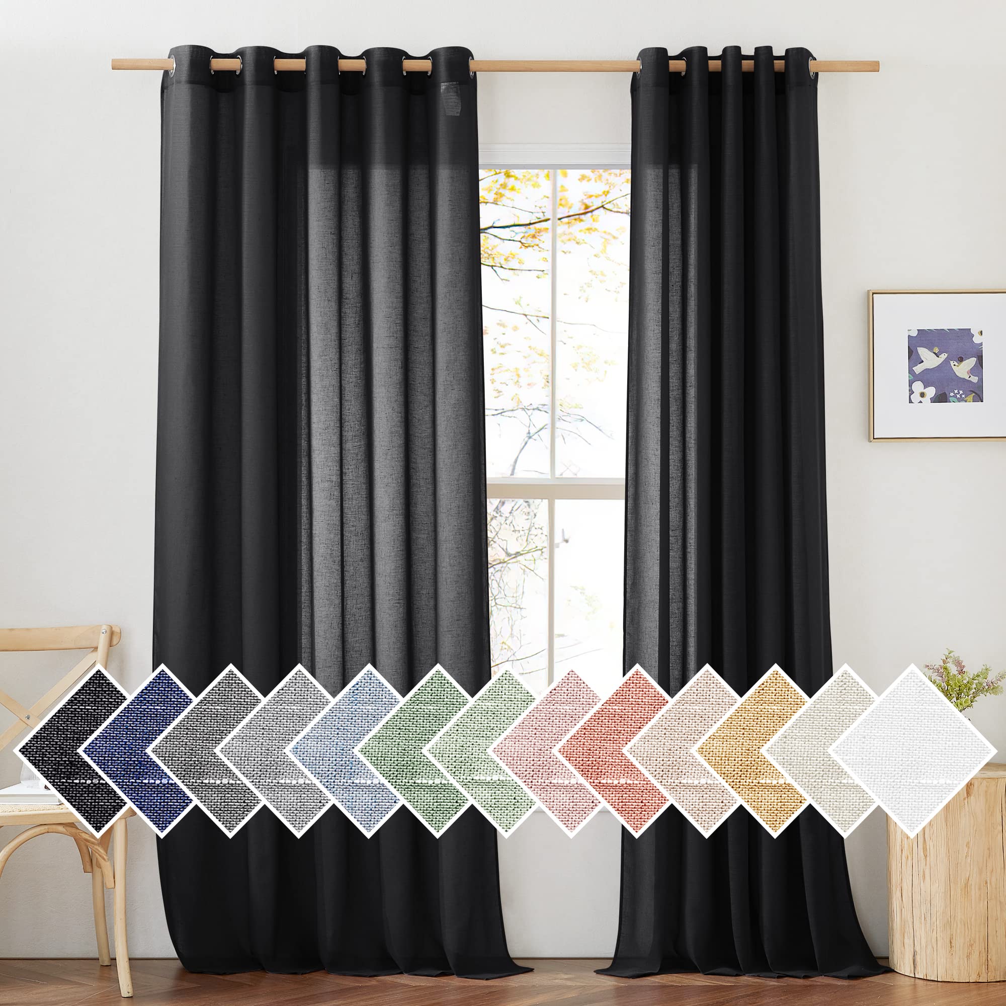 NICETOWN Semi Sheer Linen Curtains for Bedroom 84 inches Long, Grommet Privacy Vertical Farmhouse Window with Light Filtering for Living Room, Natural, W52 x L84, 2 Pieces