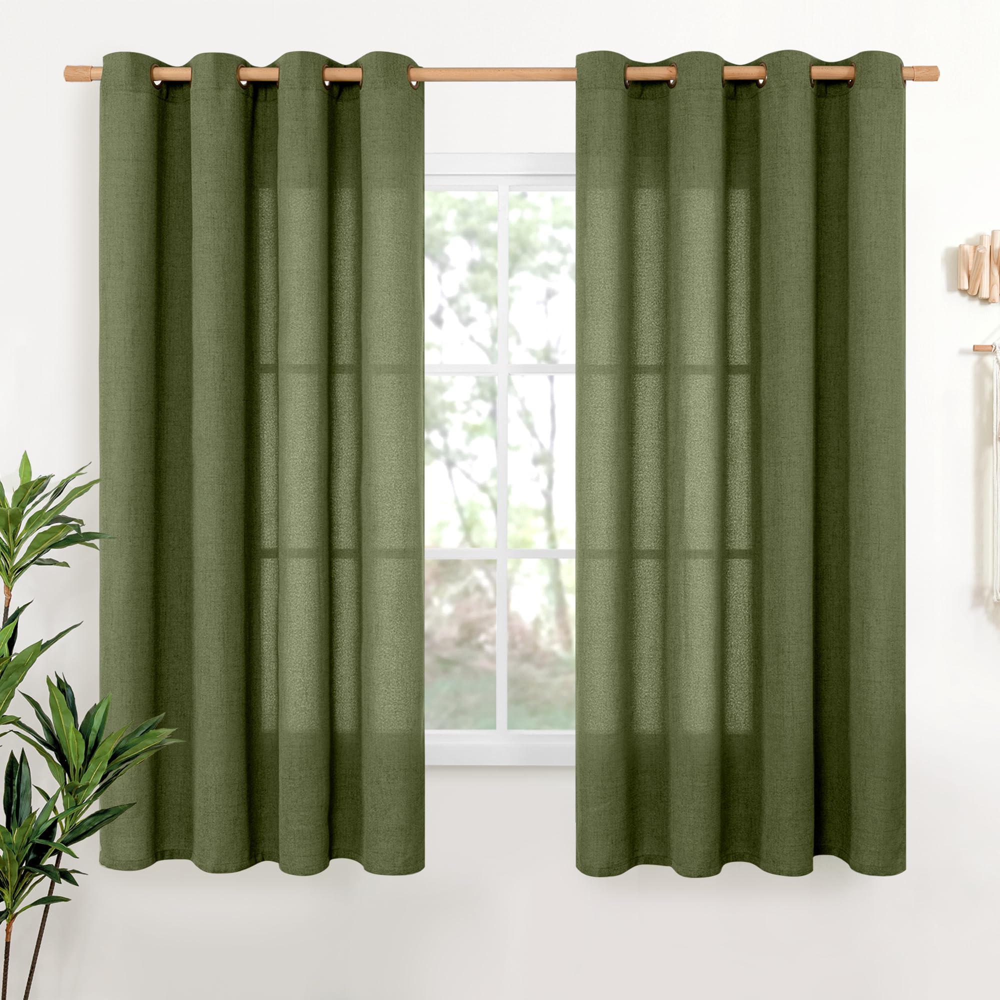 YoungsTex Linen Semi Sheer Curtains 63 Inch Length 2 Panels for Living Room - Light Filtering Drapes with Bronze Grommet Beige Window Treatments for Country Office Bedroom, 52 X 63 Inch