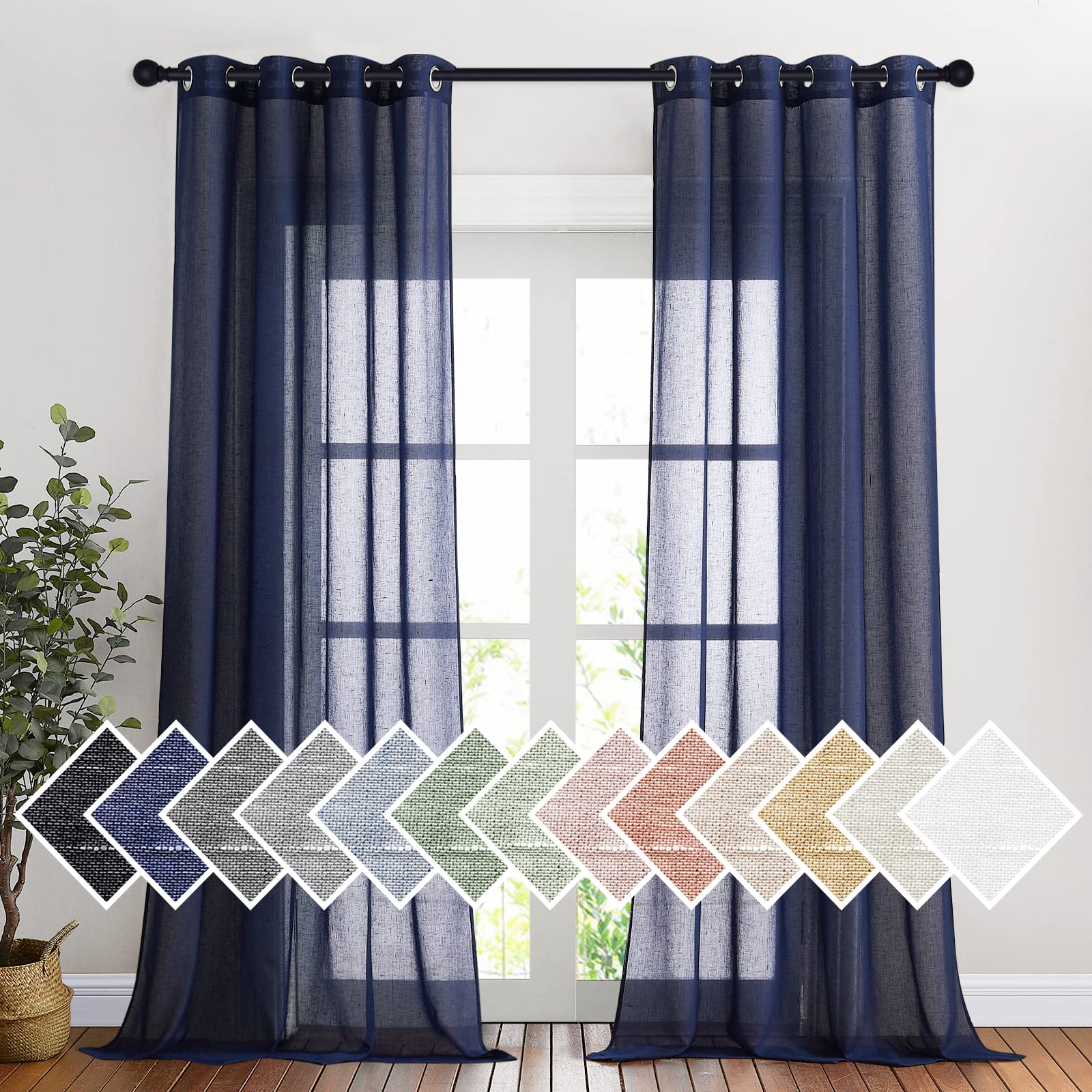 NICETOWN Semi Sheer Linen Curtains for Bedroom 84 inches Long, Grommet Privacy Vertical Farmhouse Window with Light Filtering for Living Room, Natural, W52 x L84, 2 Pieces