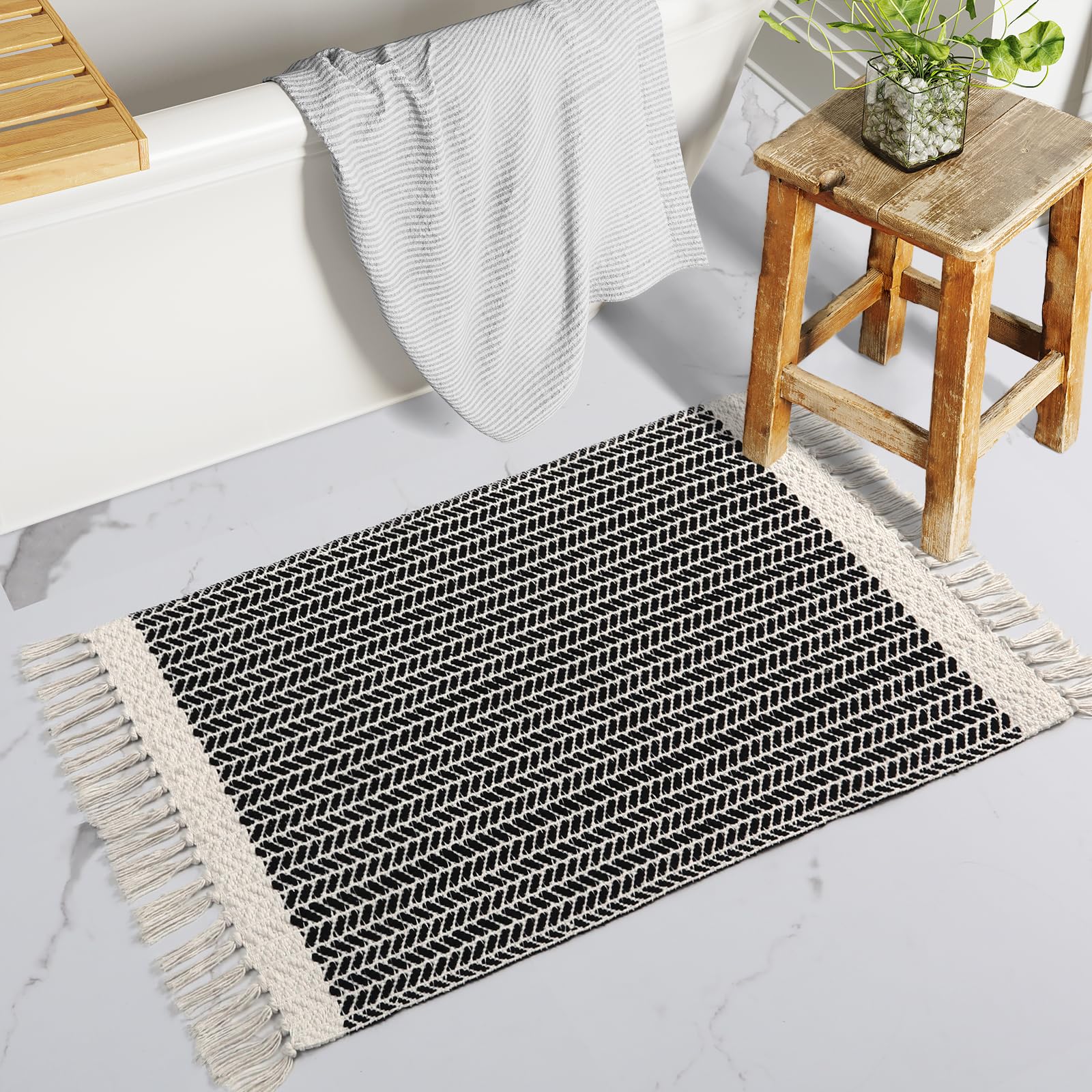 Lahome Belle Boho Hallway Runner Rug, 2x6 Laundry Room Lightweight Entry Woven Cotton Throw Mat with Tassels, Farmhouse Non Shedding Washable Black Low Pile Runner for Kitchen Bathroom