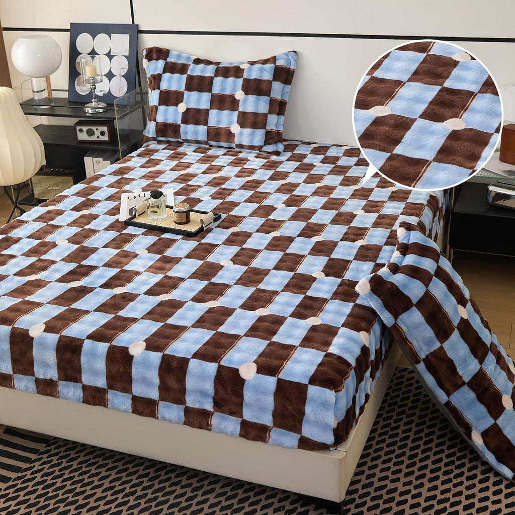 Twin Size Bed Sheet, Luxury Soft Cozy Twin Fitted Sheet with 2 PCS Pillowcases, Velvet Sheets Fits 15 inches Deep Pocket Mattress (Brown and Blue Plaid)