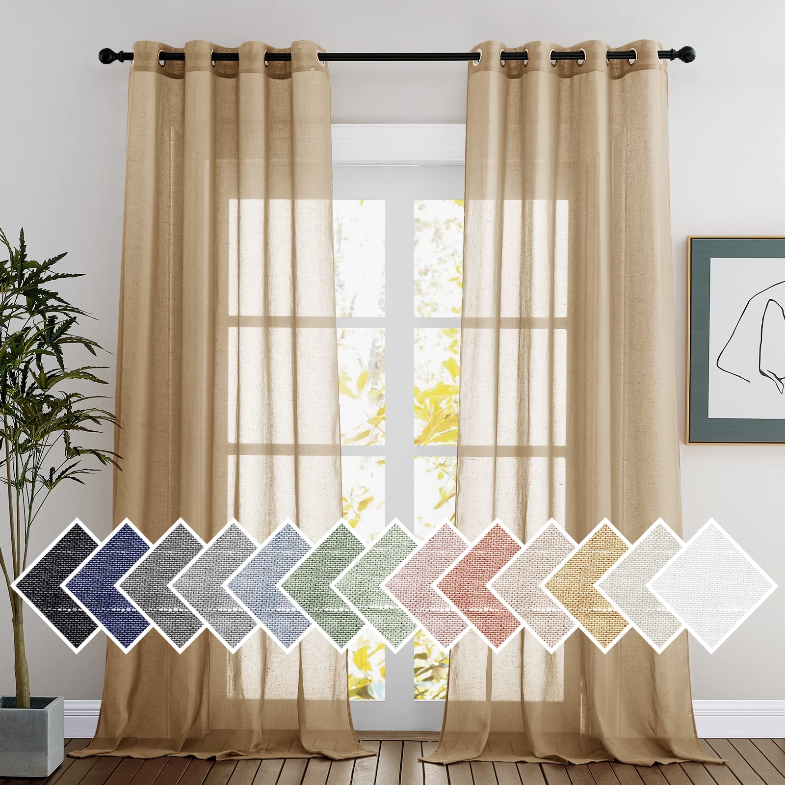 NICETOWN Semi Sheer Linen Curtains for Bedroom 84 inches Long, Grommet Privacy Vertical Farmhouse Window with Light Filtering for Living Room, Natural, W52 x L84, 2 Pieces