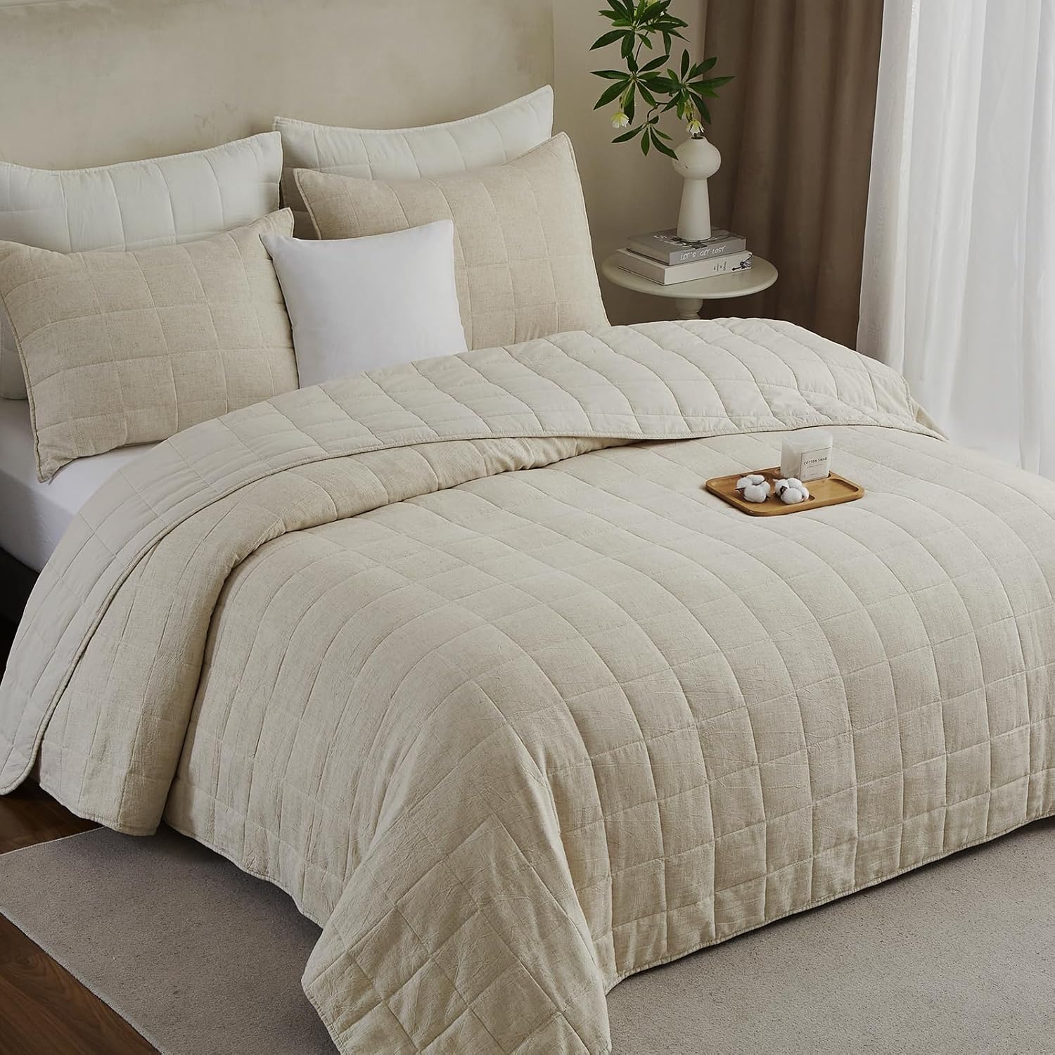 Powdion French Linen Quilt Queen, 100% Linen Front / 100% Cotton Back Pre-Washed Vintage Bedding for All Season, Oversized European 3 Pieces Stitch Bedspread