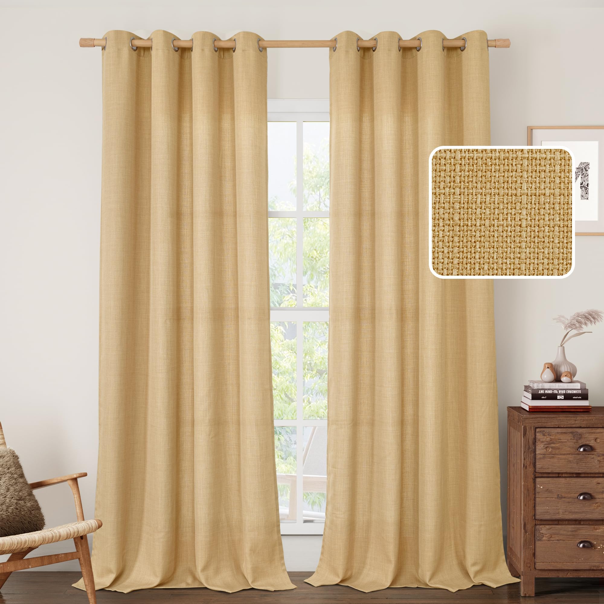 LAMIT Natural Ivory Linen Semi Sheer Curtains 84 inch Length, Cream Light Filtering Soft Thick Neutral Living Room Drapes with Bronze Grommet for Bedroom/Farmhouse, 2 Panels, 52 x 84 Inch