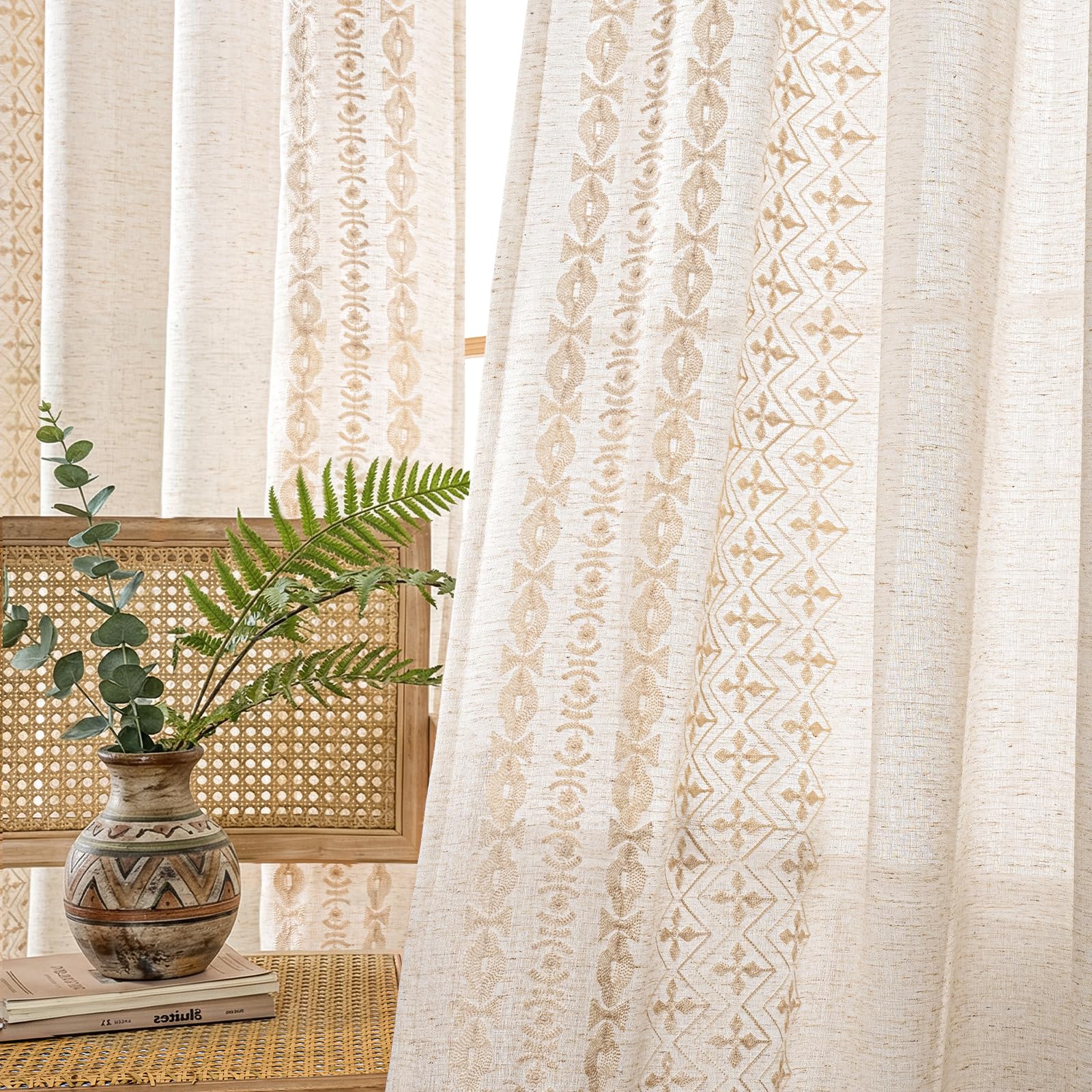 Beige Boho Curtains 63 Inches Long 2 Panels Neutral Linen Textured Curtains for Living Room Bedroom Cream Geometric Embroidered Grommet Top Light Filtering Window Drapes Taupe on Beige