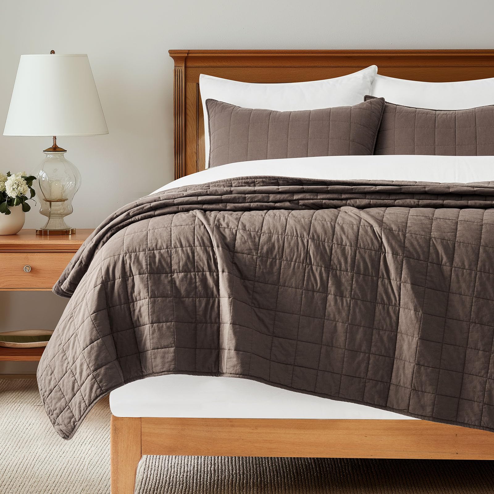 EVERGRACEHOME 100% Cotton Box Stitch Quilt Bedding Set Queen Size 3 Pieces, Garment-Washed Lightweight Soft Cozy Coverlet, Quilted Bedspread Sets with 2 Shams for All Season, Blue Linen | Box Stitch Design, 100% Cotton, Soft, Oversized, Pre Washed, Oeko-T