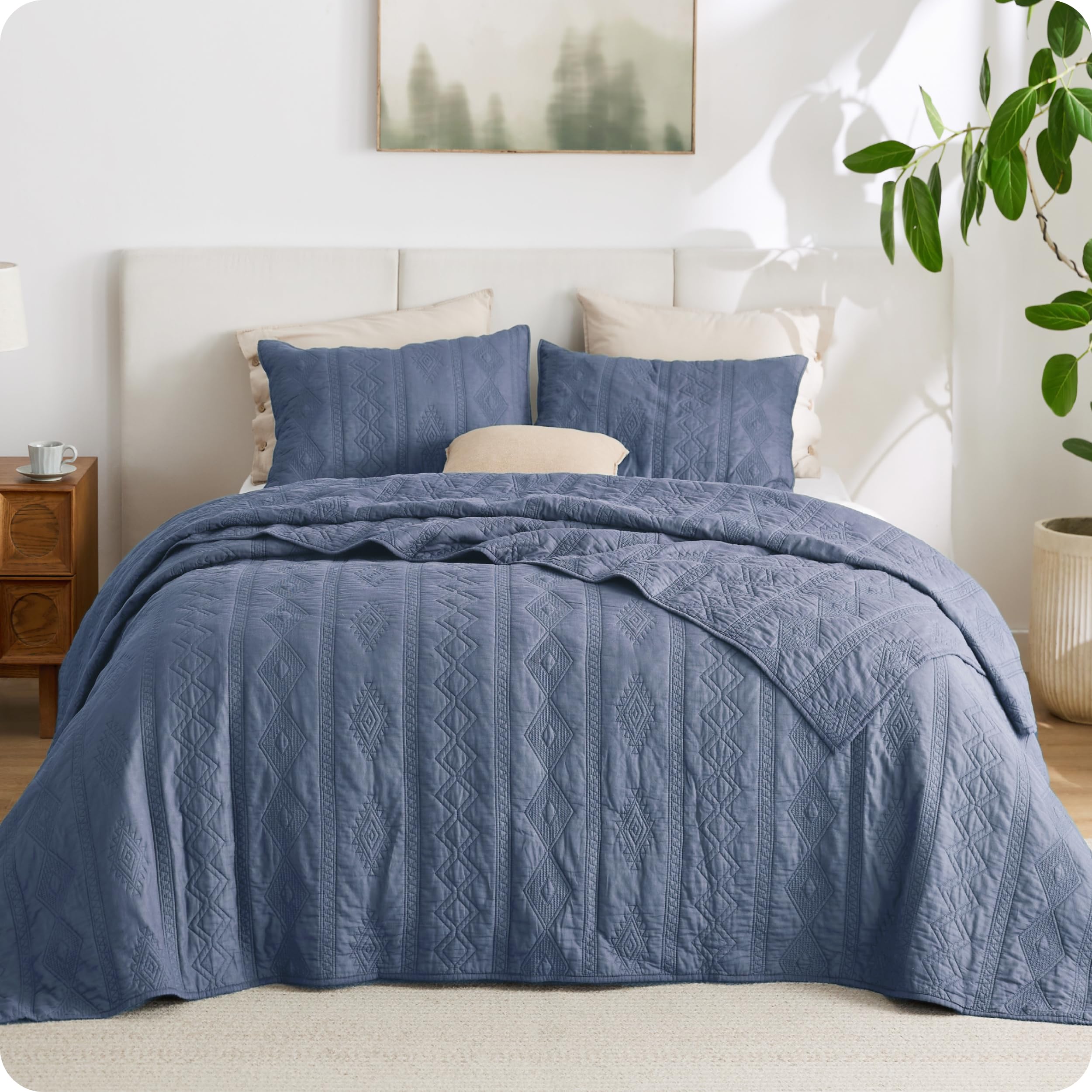Bedsure 100% Cotton Quilt Set - Queen Size Bedspread, Lightweight Soft Bed Coverlet, PureWoven, 3-Piece Cozy Stitching Comforter with 2 Pillow Shams in Embroidery Clover Pattern, 90x96 in, Linen Beige