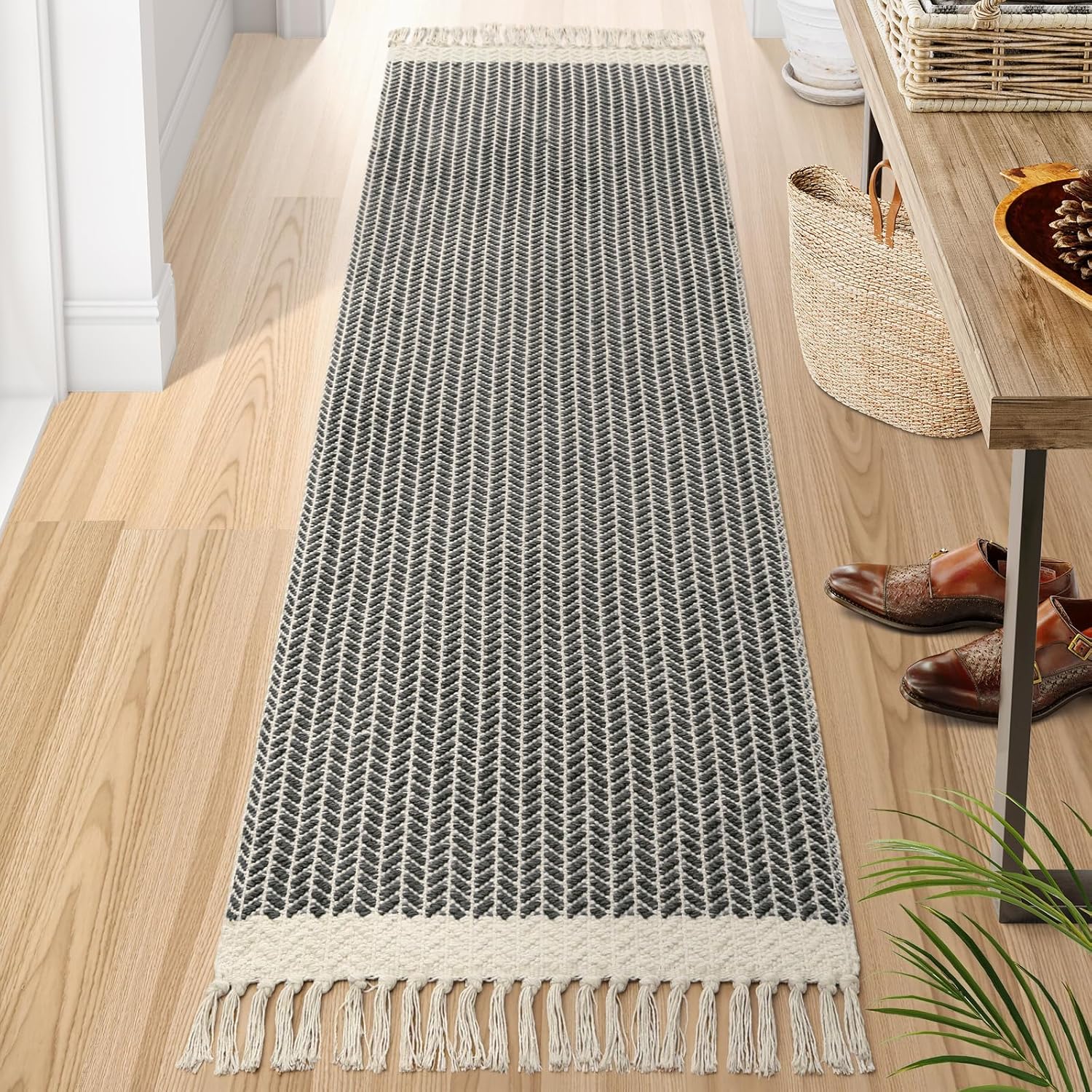 Lahome Belle Boho Hallway Runner Rug, 2x6 Laundry Room Lightweight Entry Woven Cotton Throw Mat with Tassels, Farmhouse Non Shedding Washable Black Low Pile Runner for Kitchen Bathroom