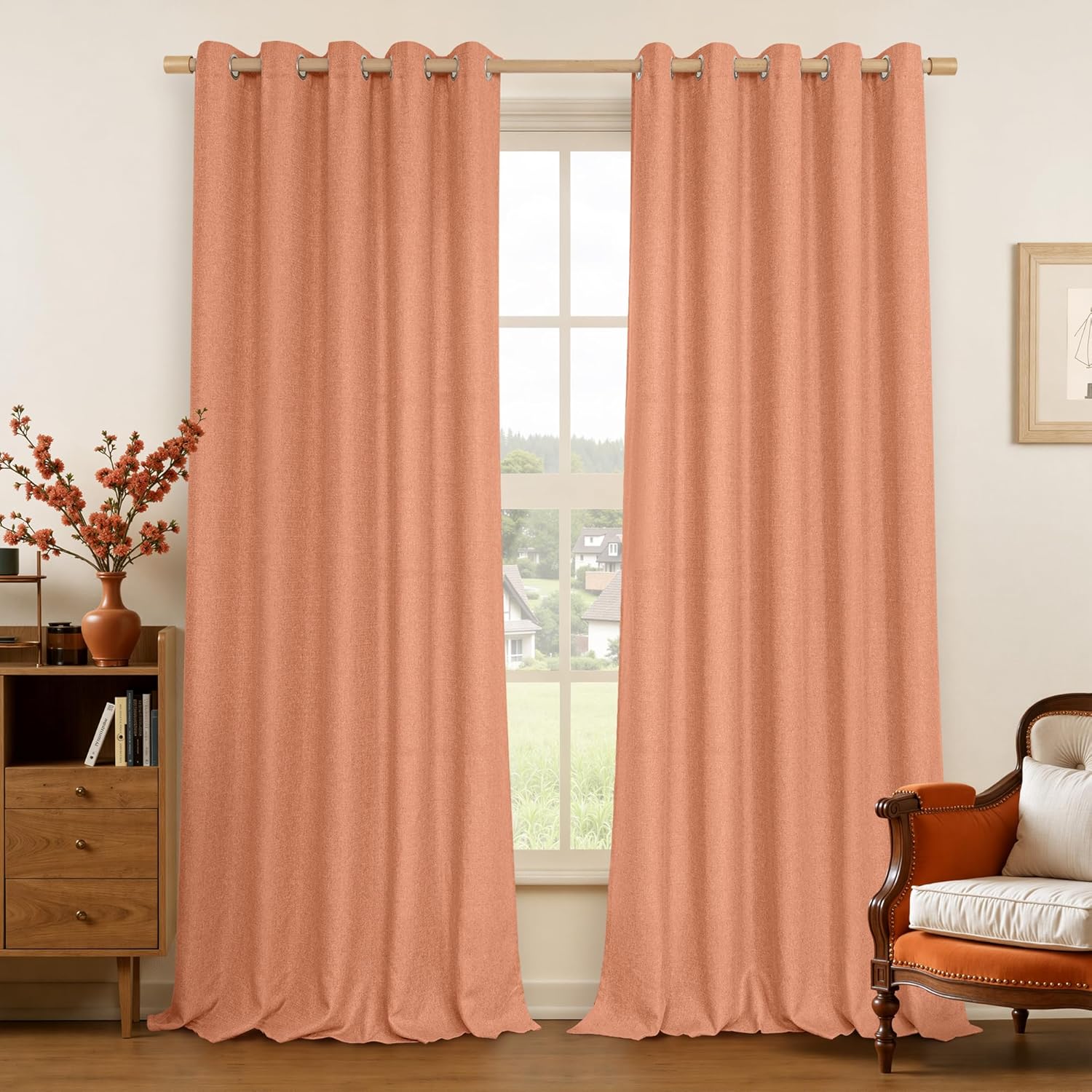 LAMIT Linen Curtains 84 inch Length 2 Panels, Grommet Thick Soft Light Filtering Curtains Privacy Living Room Window Drapes for Bedroom/Farmhouse, W52 x L84, Natural Beige