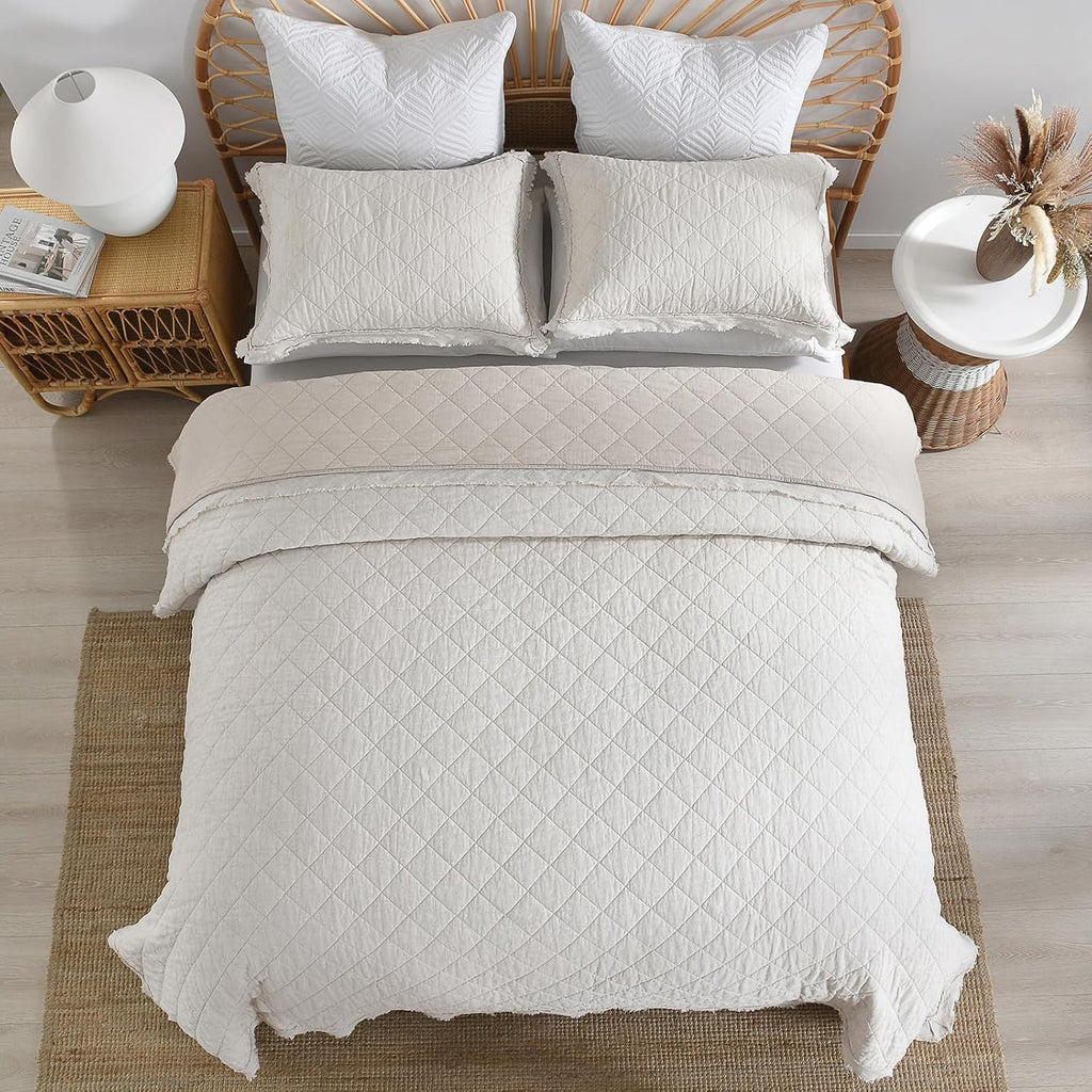 HORIMOTE HOME 100% Linen Front/100% Cotton Back Quilt Set Queen Size, Beige Pre-Washed European Flax Linen Quilt, Diamond Stitch Bedspread Coverlet Bedding Set 3-Piece for All Seasons