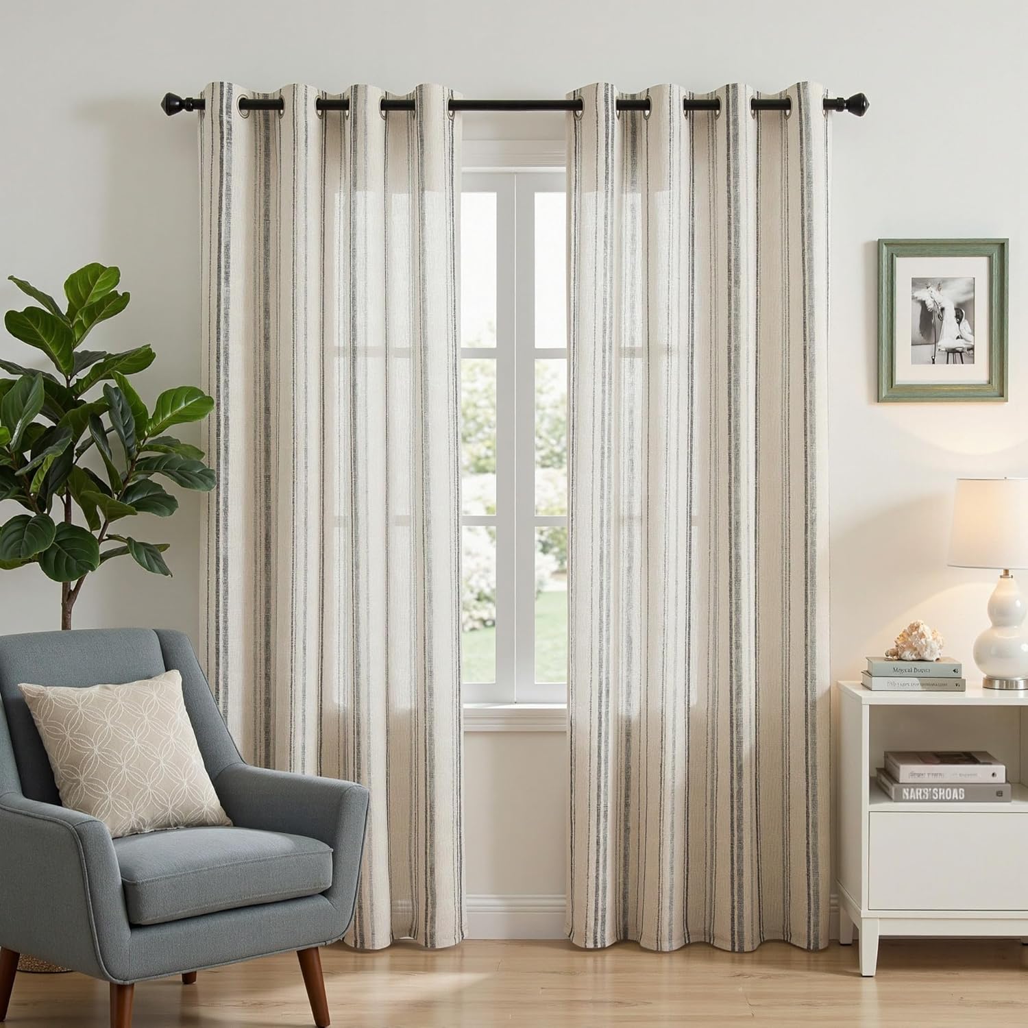 MYSKY HOME Grey Striped Linen Curtains 84 Inches Long Farmhouse Rustic for Bedroom Living Room Light Filtering Ticking Stripe Pinstripe Gray and White Patterned Drapes, Grommet, 2 Panels, 52" Wide