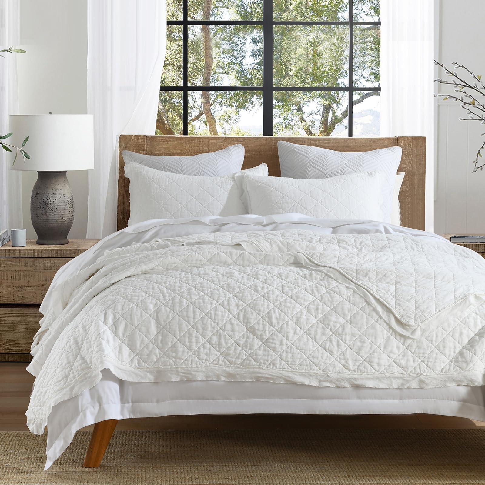 HORIMOTE HOME 100% Linen Front/100% Cotton Back Quilt Set Queen Size, Beige Pre-Washed European Flax Linen Quilt, Diamond Stitch Bedspread Coverlet Bedding Set 3-Piece for All Seasons