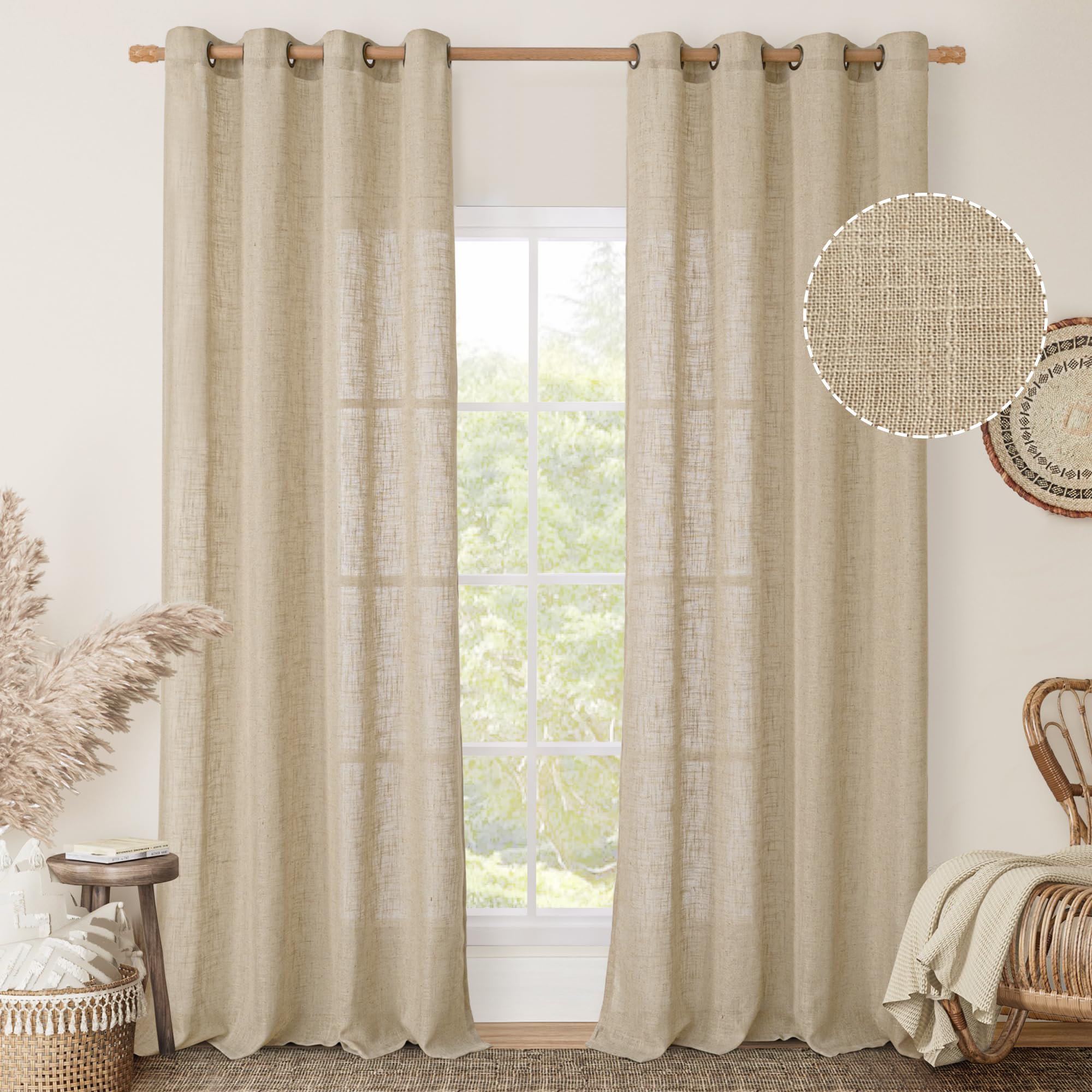 LAMIT Natural Ivory Linen Semi Sheer Curtains 84 inch Length, Cream Light Filtering Soft Thick Neutral Living Room Drapes with Bronze Grommet for Bedroom/Farmhouse, 2 Panels, 52 x 84 Inch