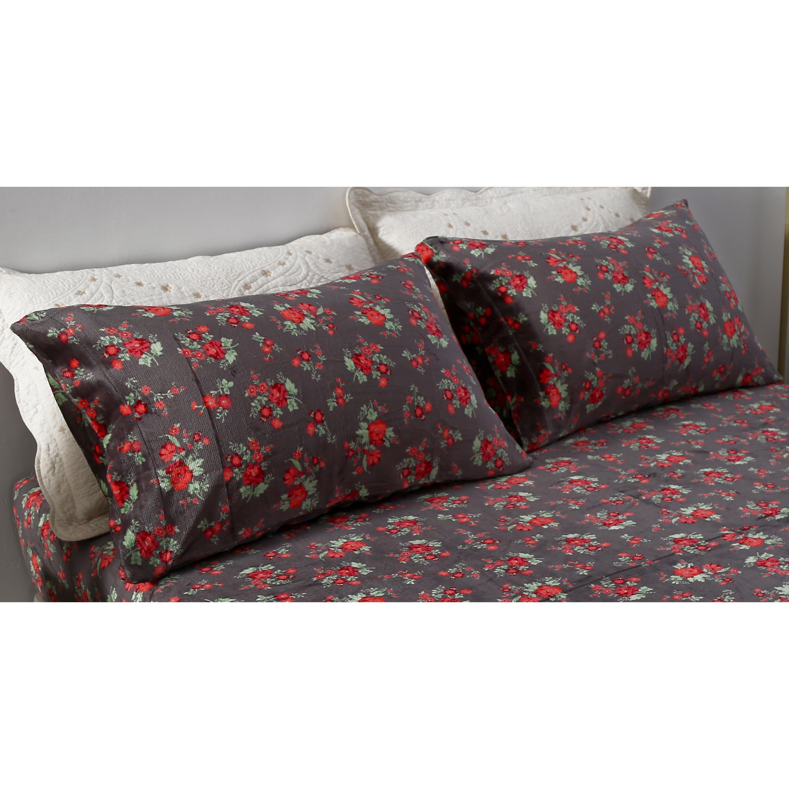 MAG 3Pcs Fleece Fitted Sheet Full Size with Brown Floral Pattern, Super Cute Fluffy Warm Flower Print Decor Bottom Sheets for Women Girls,included1*Fitted Sheet and 2*Pillowcases.