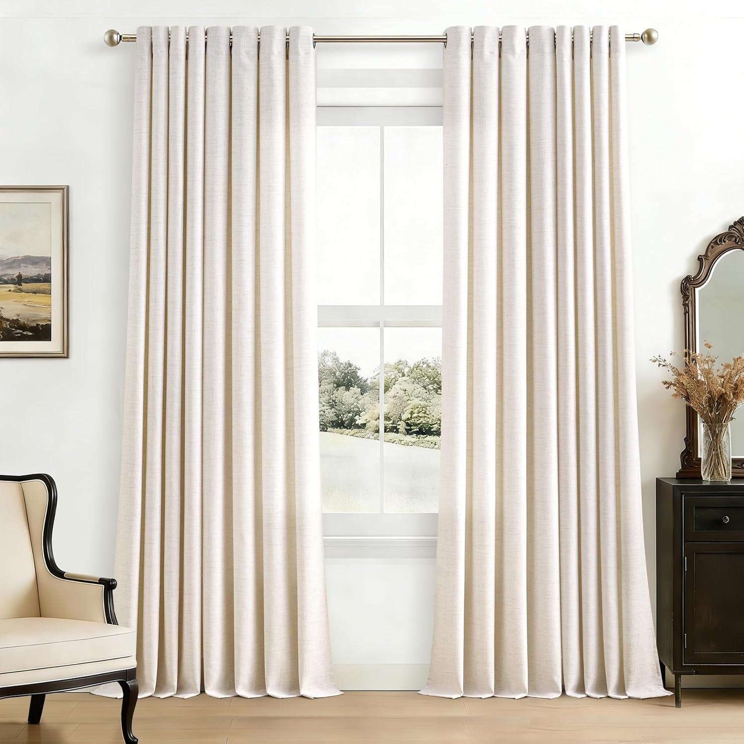 Natural Linen Curtains 96 Inches Long 2 Panels Bronze Grommet Curtain Burlap Ivory Cream Colored Light Filtering Semi Sheer Drapes Thick Linen Blend Floor to Ceiling Length Living Room 8ft