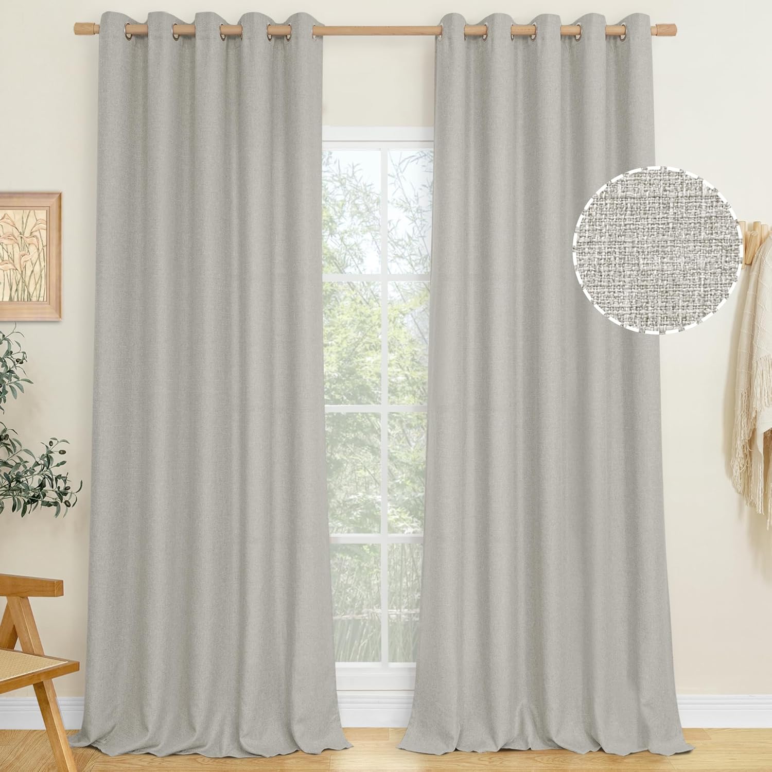 LAMIT Linen Curtains 84 inch Length 2 Panels, Grommet Thick Soft Light Filtering Curtains Privacy Living Room Window Drapes for Bedroom/Farmhouse, W52 x L84, Natural Beige