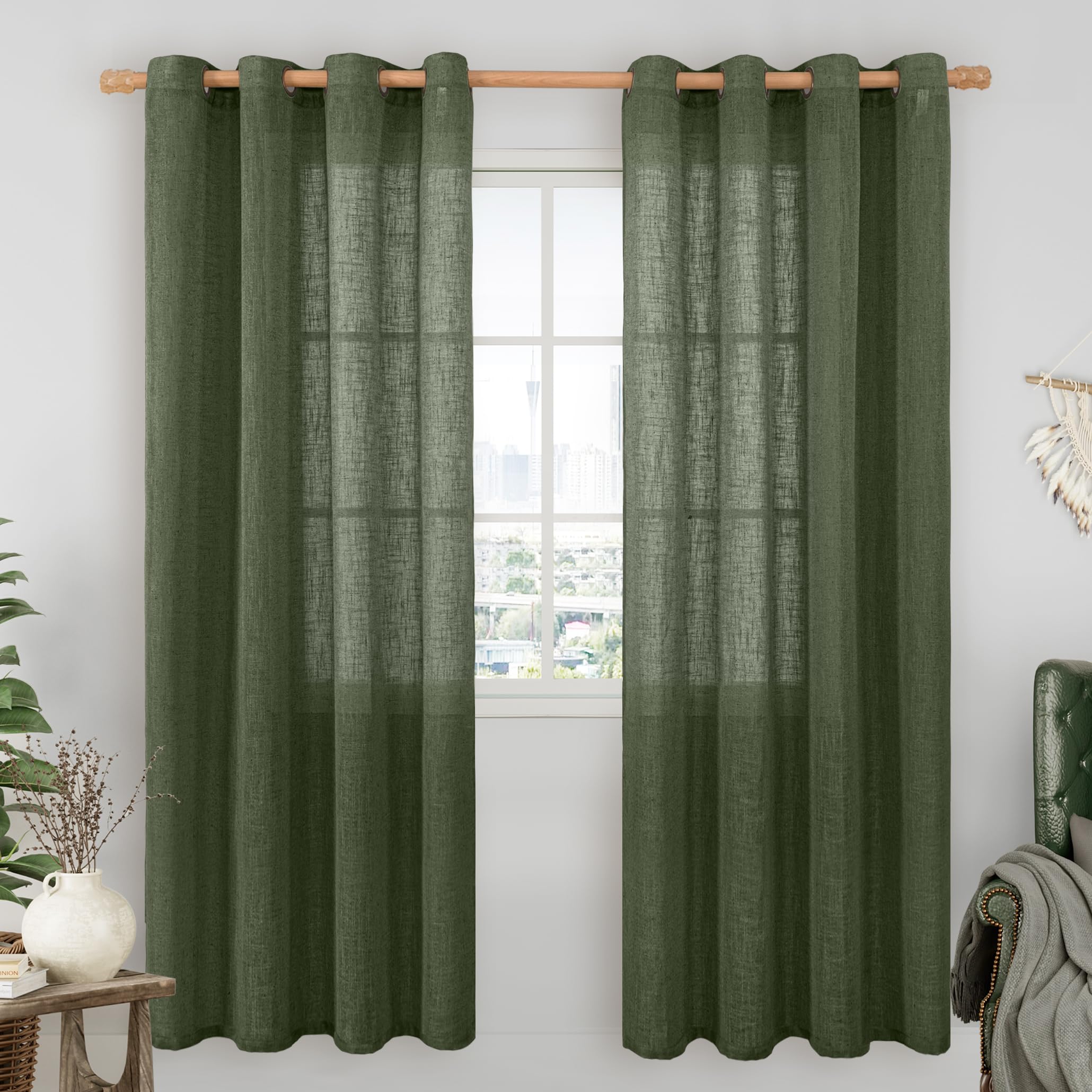 LAMIT Natural Ivory Linen Semi Sheer Curtains 84 inch Length, Cream Light Filtering Soft Thick Neutral Living Room Drapes with Bronze Grommet for Bedroom/Farmhouse, 2 Panels, 52 x 84 Inch