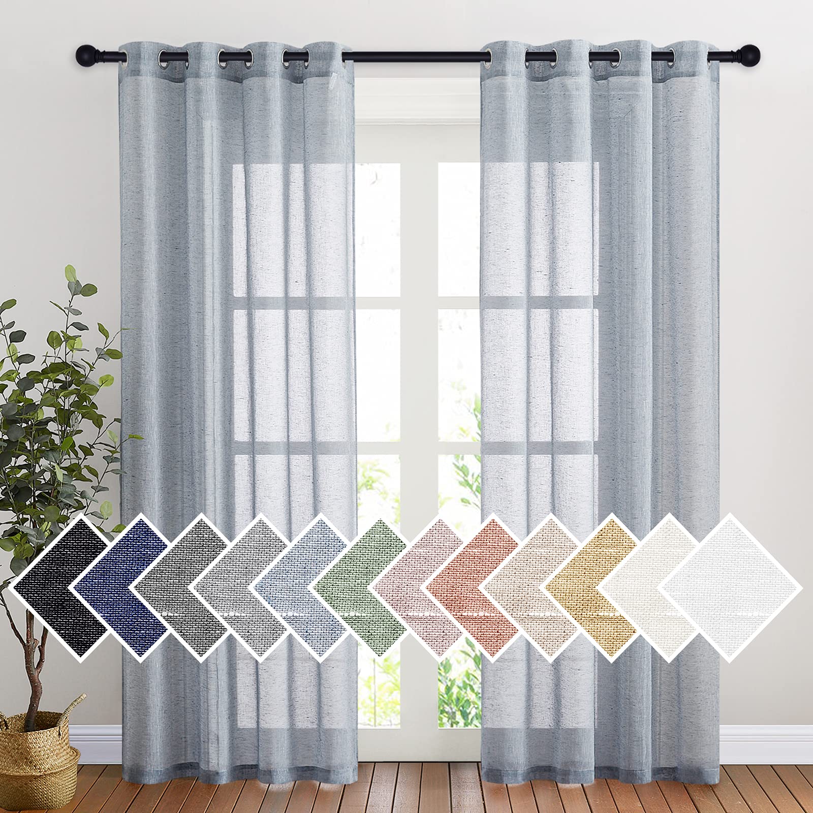 NICETOWN Semi Sheer Linen Curtains for Bedroom 84 inches Long, Grommet Privacy Vertical Farmhouse Window with Light Filtering for Living Room, Natural, W52 x L84, 2 Pieces