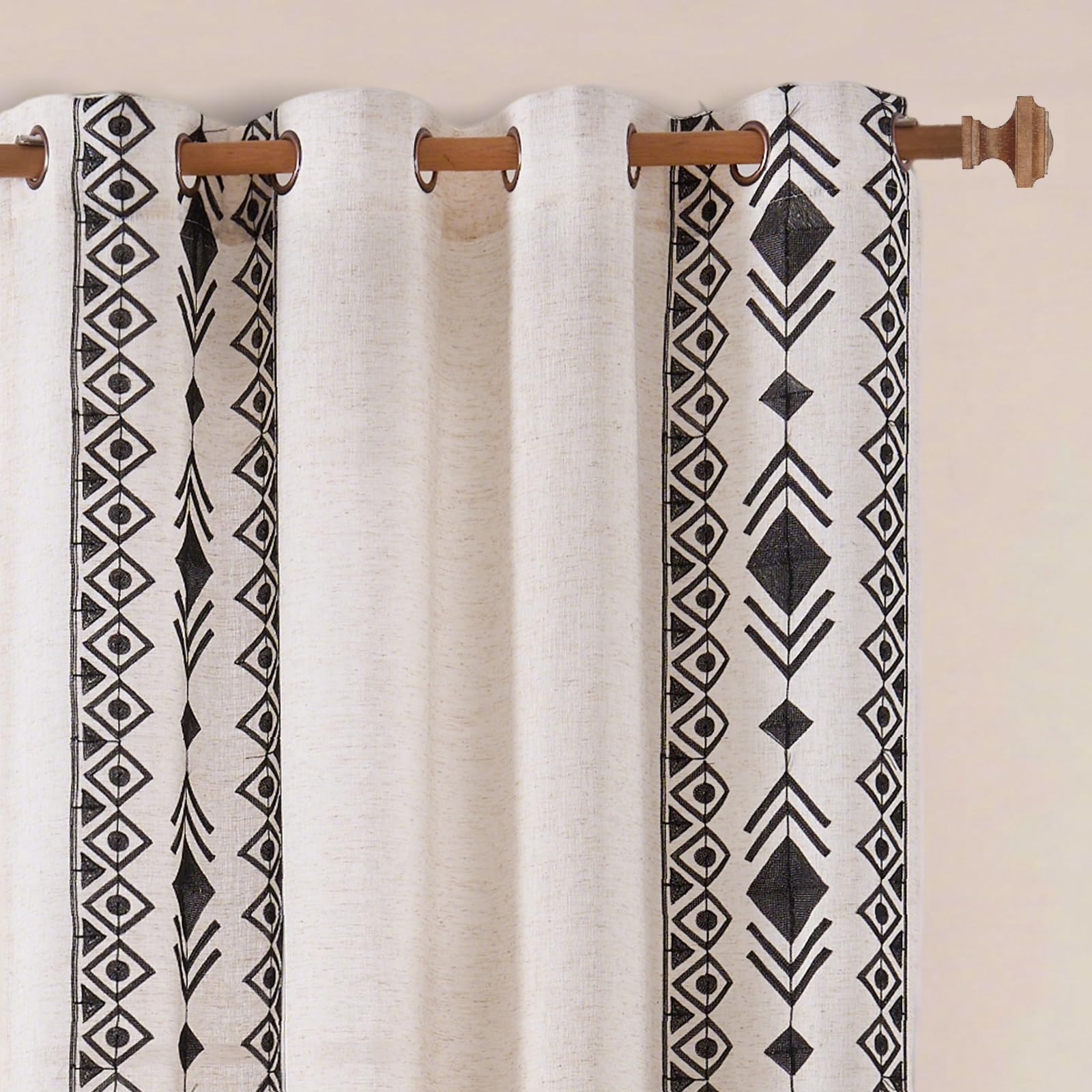 Beige Boho Curtains 63 Inches Long 2 Panels Neutral Linen Textured Curtains for Living Room Bedroom Cream Geometric Embroidered Grommet Top Light Filtering Window Drapes Taupe on Beige