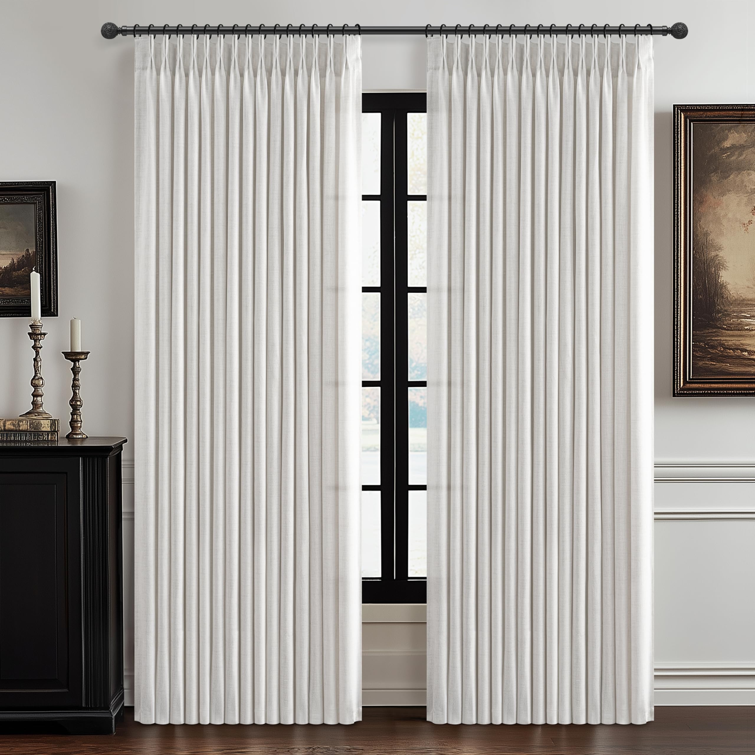 Pinch Pleated Linen Curtains 96 Inches Long for Living Room Bedroom, Light Filtering Boho Window Drape 96 inch 2 Panels Burgs with Hooks&Rings 8ft Cream Birch Sliding Glass Door Sheer Curtain Decor