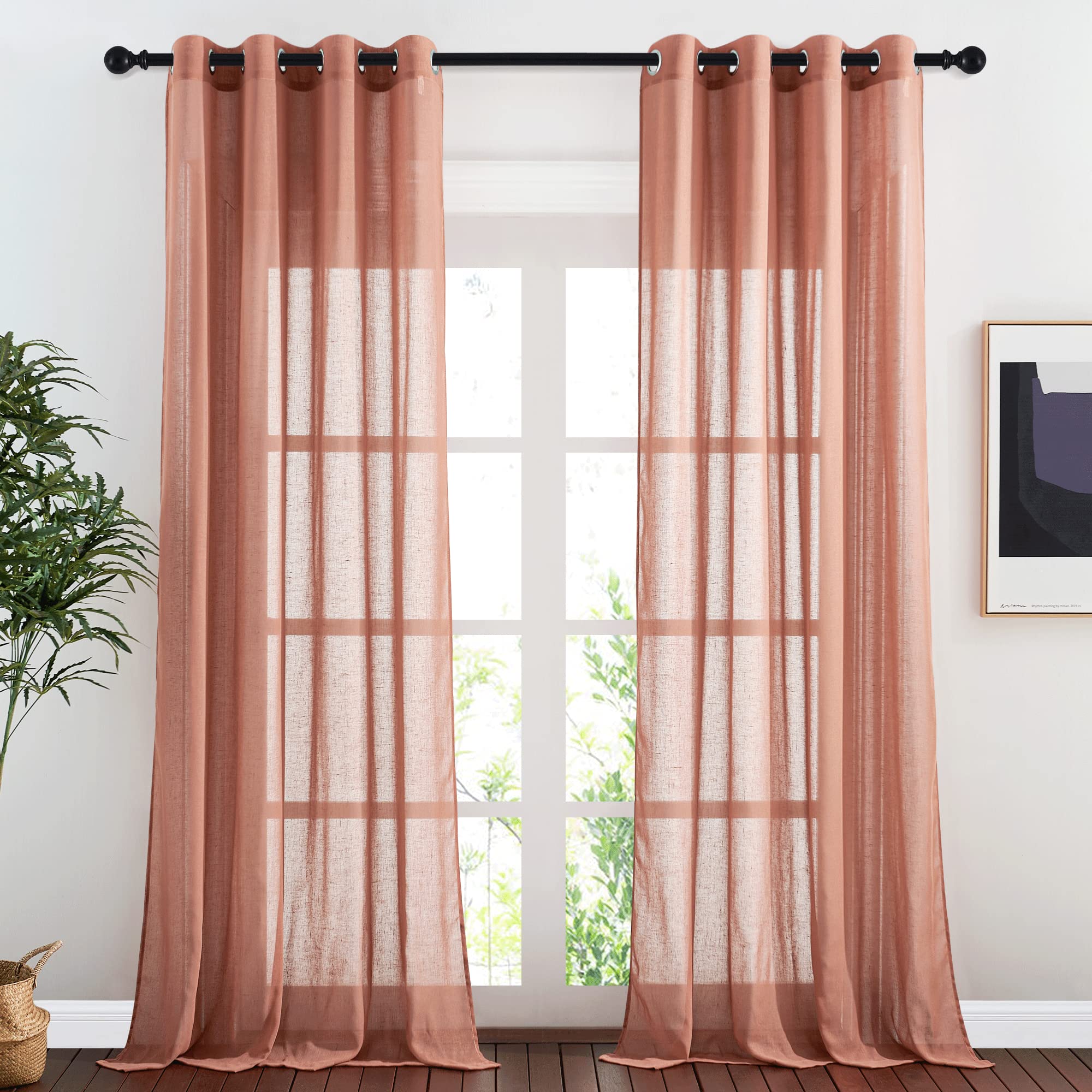 NICETOWN Semi Sheer Linen Curtains for Bedroom 84 inches Long, Grommet Privacy Vertical Farmhouse Window with Light Filtering for Living Room, Natural, W52 x L84, 2 Pieces