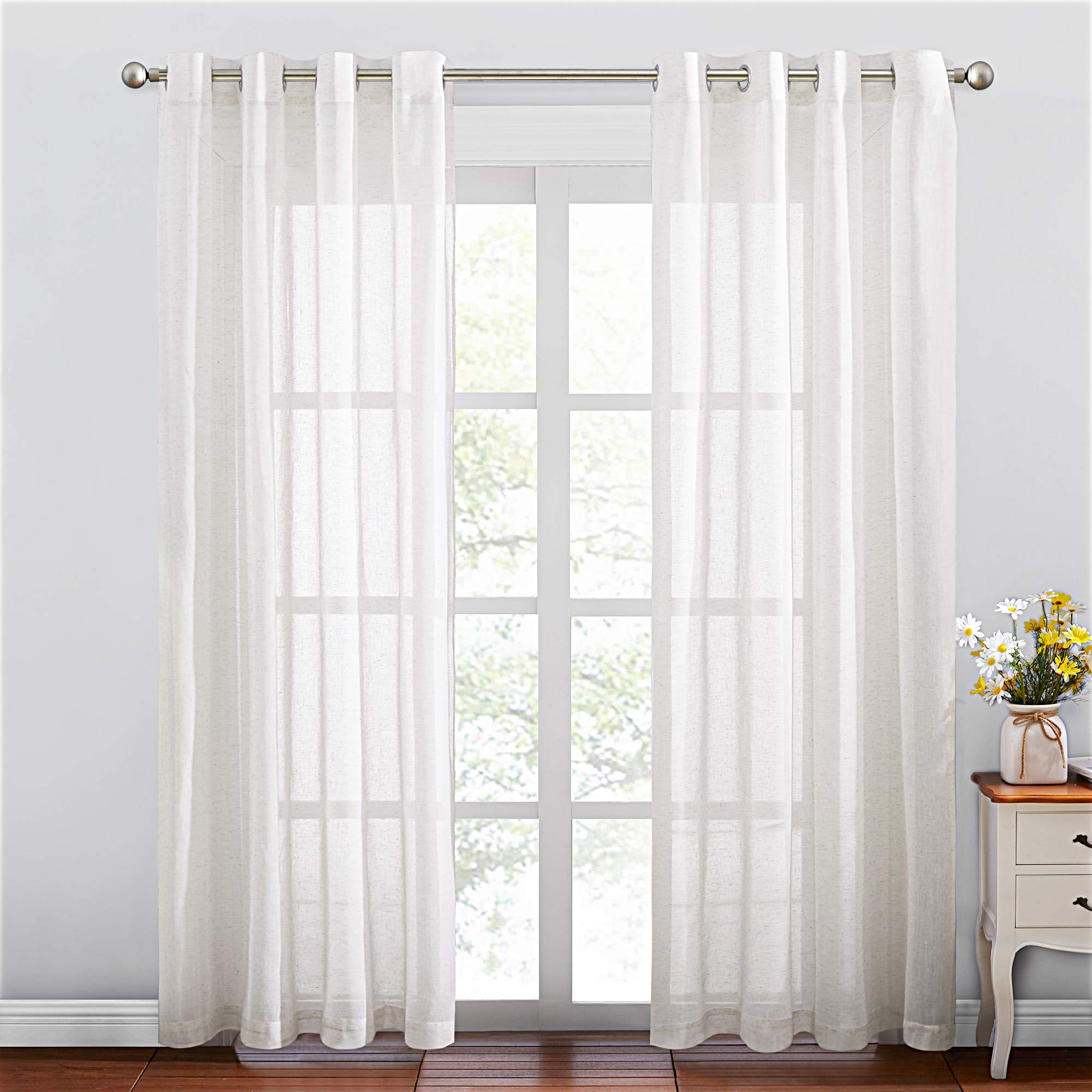 NICETOWN Semi Sheer Linen Curtains for Bedroom 84 inches Long, Grommet Privacy Vertical Farmhouse Window with Light Filtering for Living Room, Natural, W52 x L84, 2 Pieces
