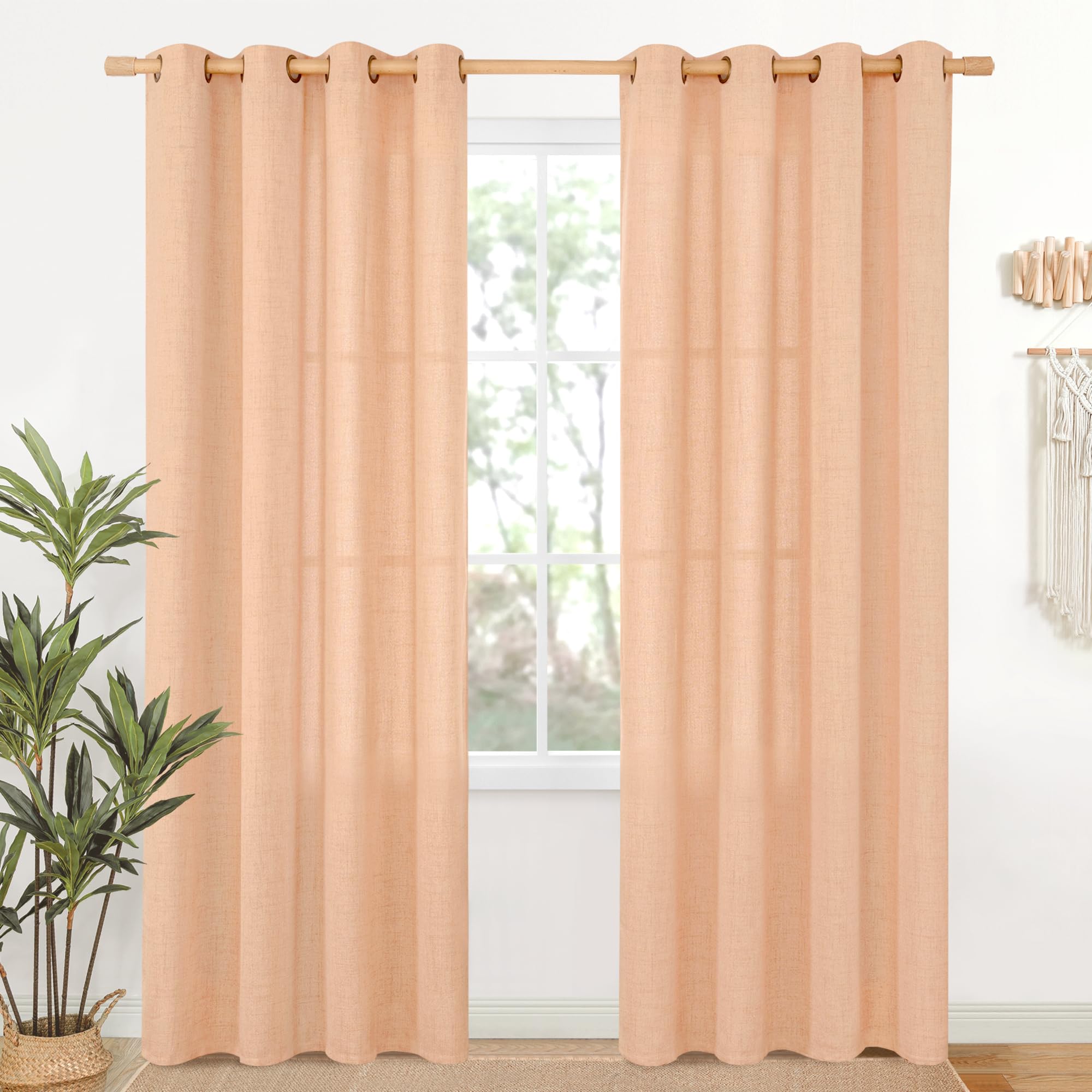 YoungsTex Linen Semi Sheer Curtains 63 Inch Length 2 Panels for Living Room - Light Filtering Drapes with Bronze Grommet Beige Window Treatments for Country Office Bedroom, 52 X 63 Inch