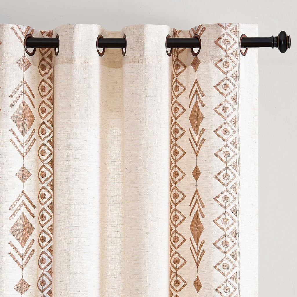 Beige Boho Curtains 63 Inches Long 2 Panels Neutral Linen Textured Curtains for Living Room Bedroom Cream Geometric Embroidered Grommet Top Light Filtering Window Drapes Taupe on Beige