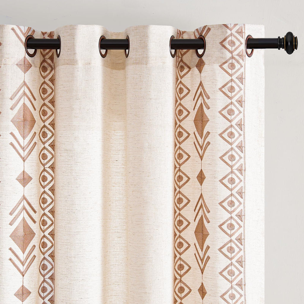 Beige Boho Curtains 63 Inches Long 2 Panels Neutral Linen Textured Curtains for Living Room Bedroom Cream Geometric Embroidered Grommet Top Light Filtering Window Drapes Taupe on Beige