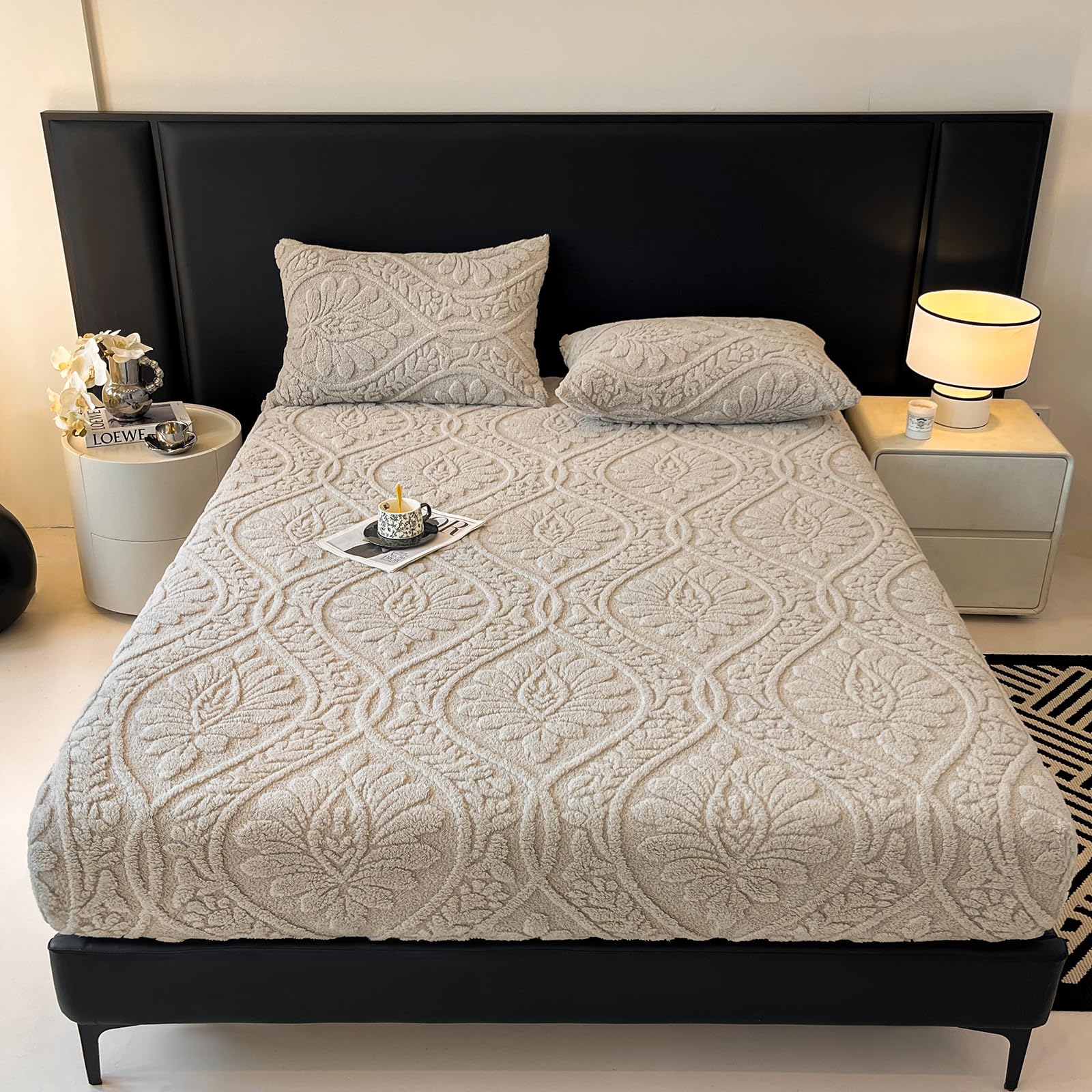 LweiPsqLin Fluffy Velvet Fitted Sheet Full Size - Micro Fleece Bed Sheet with 15" Deep Pockets, Bohemian Floral Jacquard Mattress Cover, Shrink & Fade Resistant, Khaki