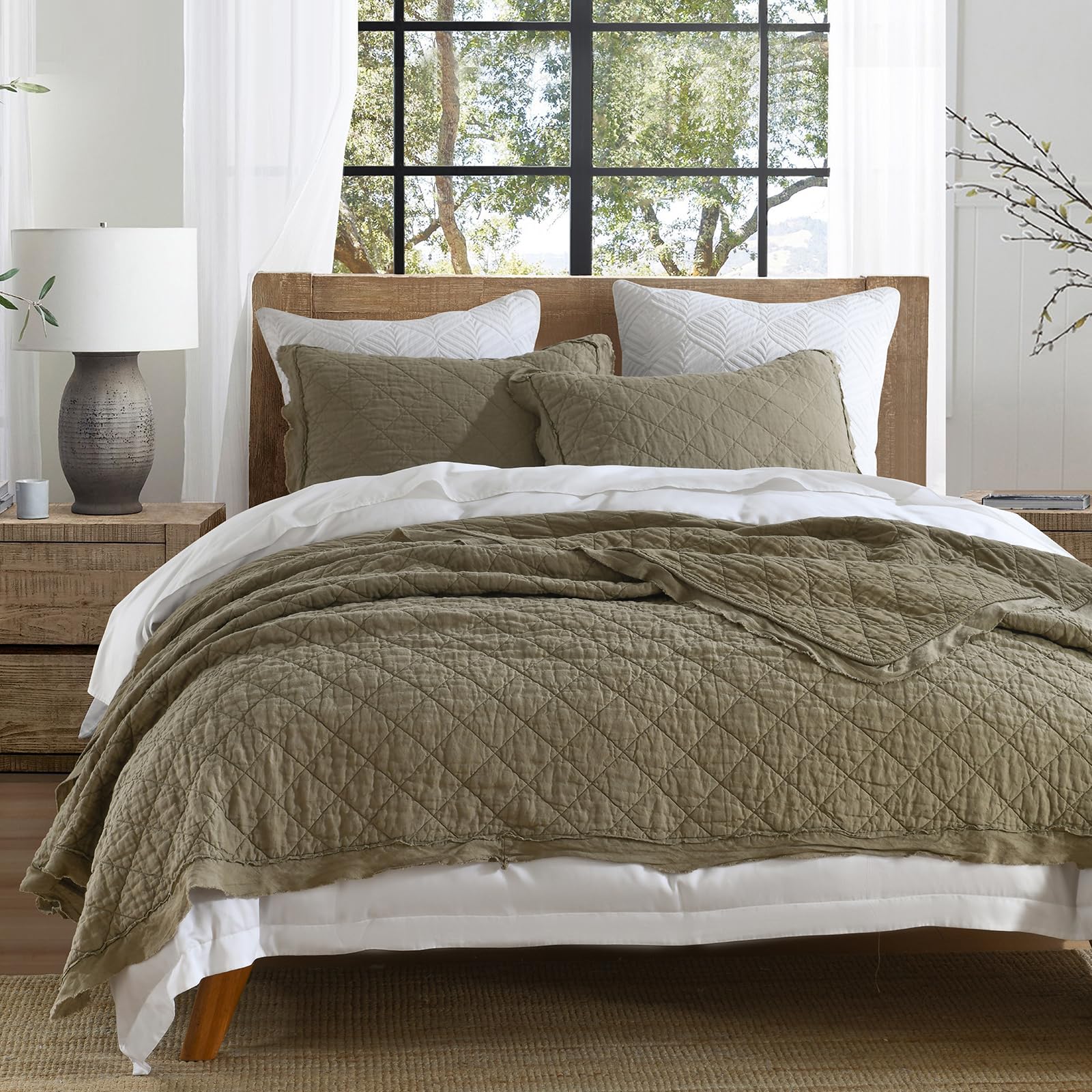 HORIMOTE HOME 100% Linen Front/100% Cotton Back Quilt Set Queen Size, Beige Pre-Washed European Flax Linen Quilt, Diamond Stitch Bedspread Coverlet Bedding Set 3-Piece for All Seasons