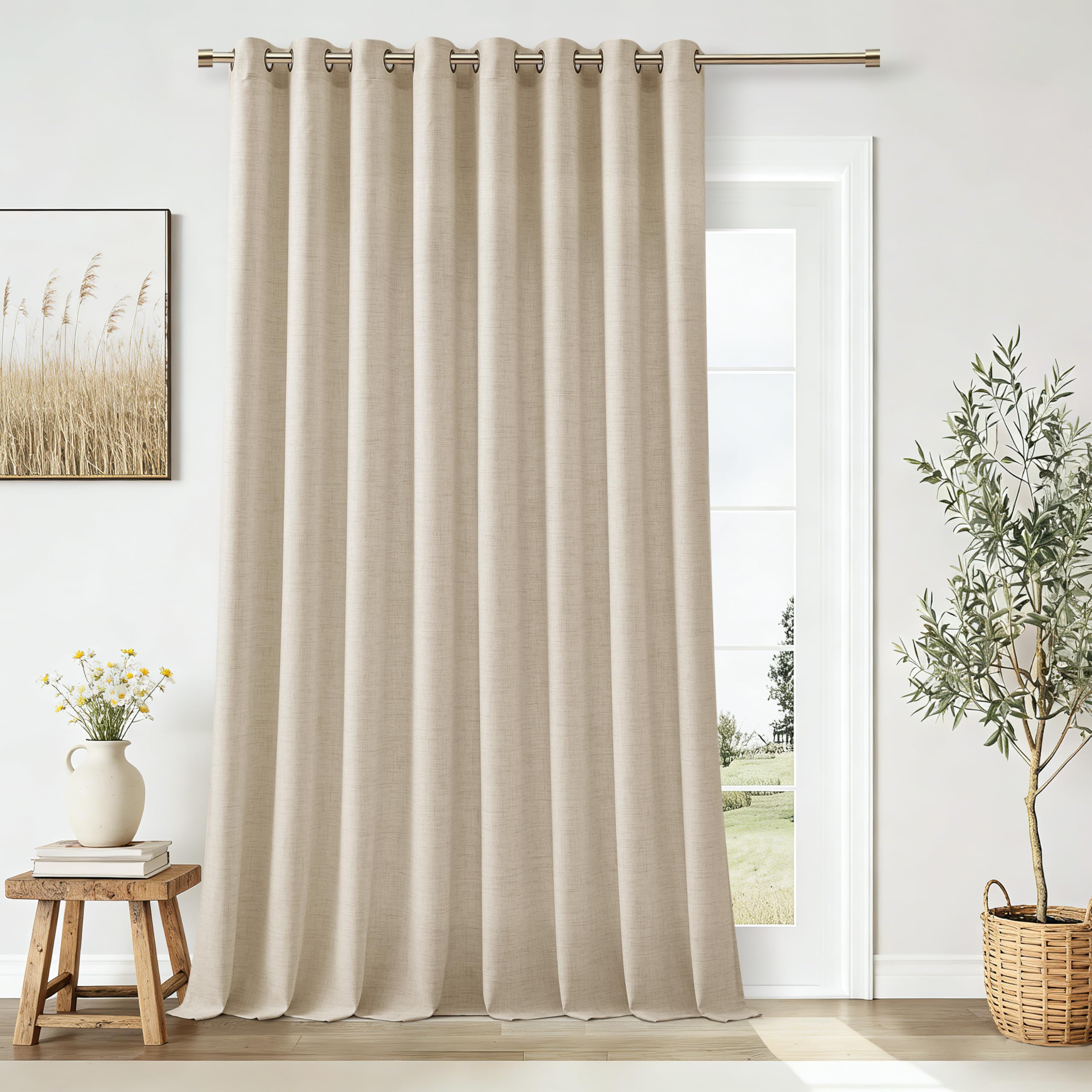 Natural Linen Curtains 96 Inches Long 2 Panels Bronze Grommet Curtain Burlap Ivory Cream Colored Light Filtering Semi Sheer Drapes Thick Linen Blend Floor to Ceiling Length Living Room 8ft