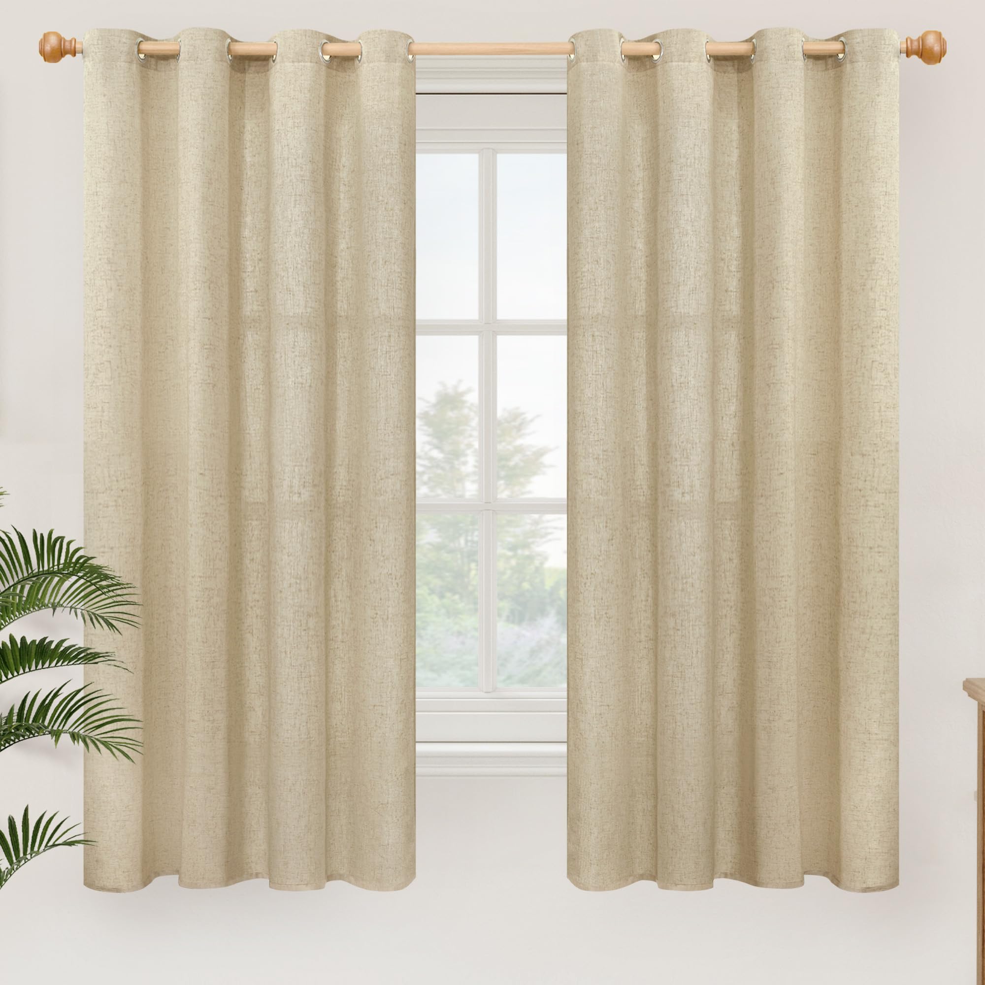 YoungsTex Linen Semi Sheer Curtains 63 Inch Length 2 Panels for Living Room - Light Filtering Drapes with Bronze Grommet Beige Window Treatments for Country Office Bedroom, 52 X 63 Inch