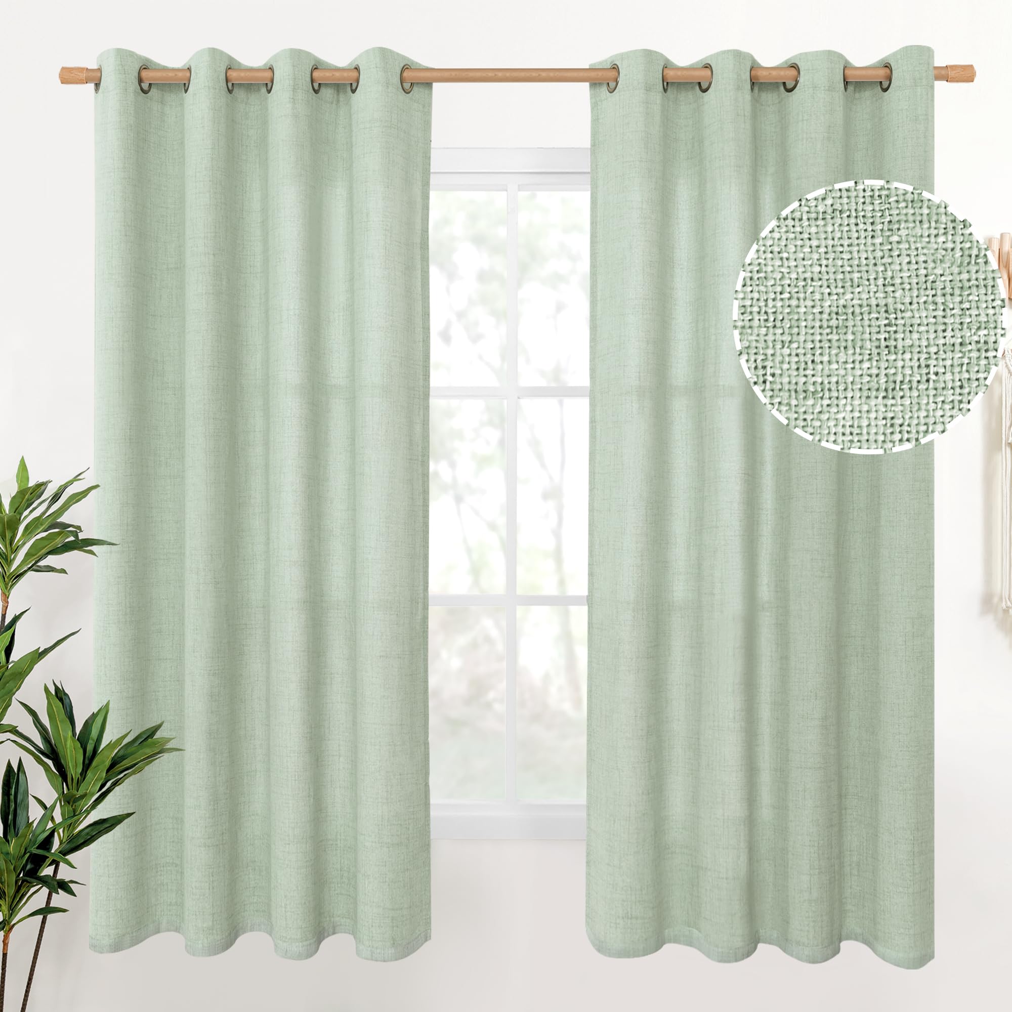 YoungsTex Linen Semi Sheer Curtains 63 Inch Length 2 Panels for Living Room - Light Filtering Drapes with Bronze Grommet Beige Window Treatments for Country Office Bedroom, 52 X 63 Inch
