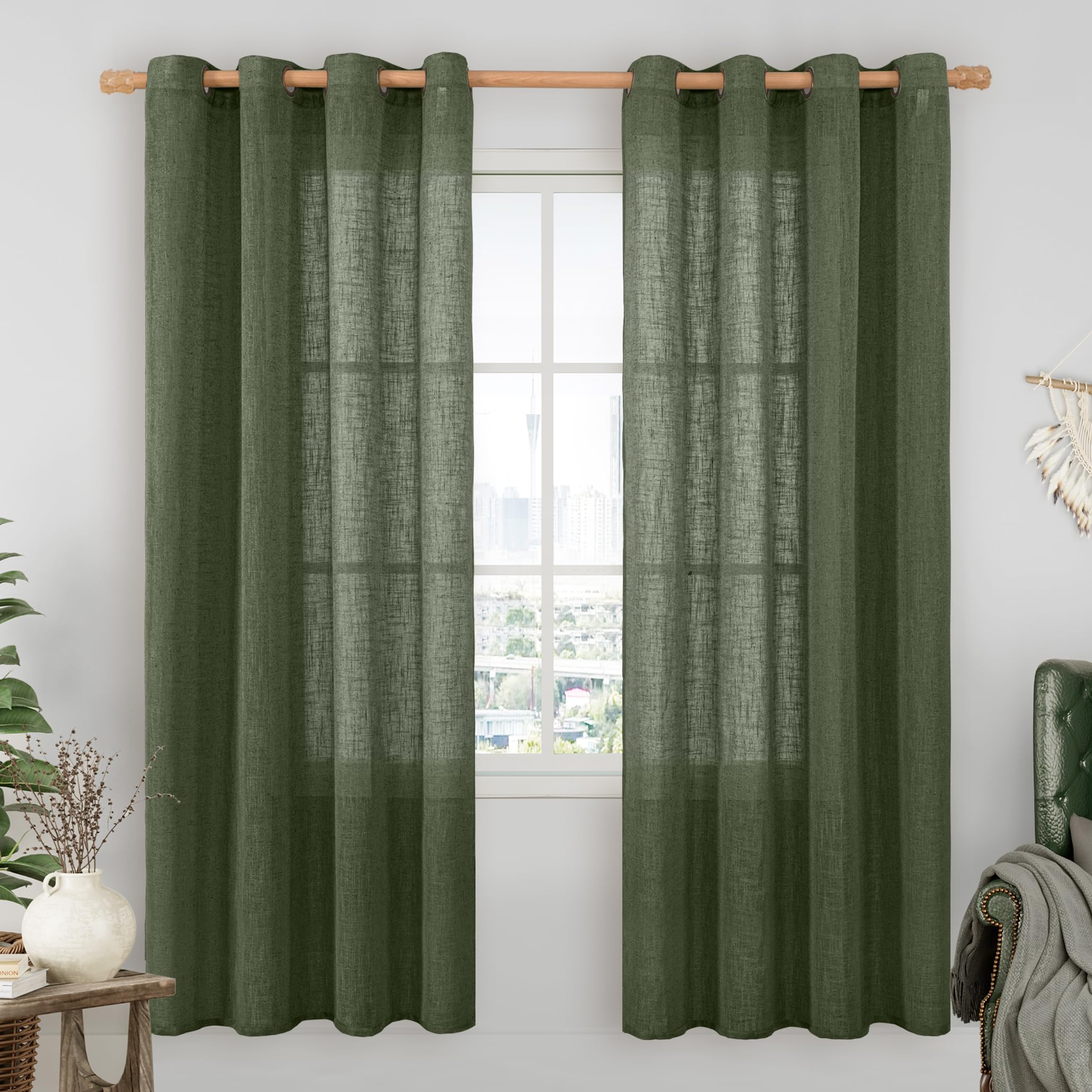 LAMIT Natural Ivory Linen Semi Sheer Curtains 84 inch Length, Cream Light Filtering Soft Thick Neutral Living Room Drapes with Bronze Grommet for Bedroom/Farmhouse, 2 Panels, 52 x 84 Inch