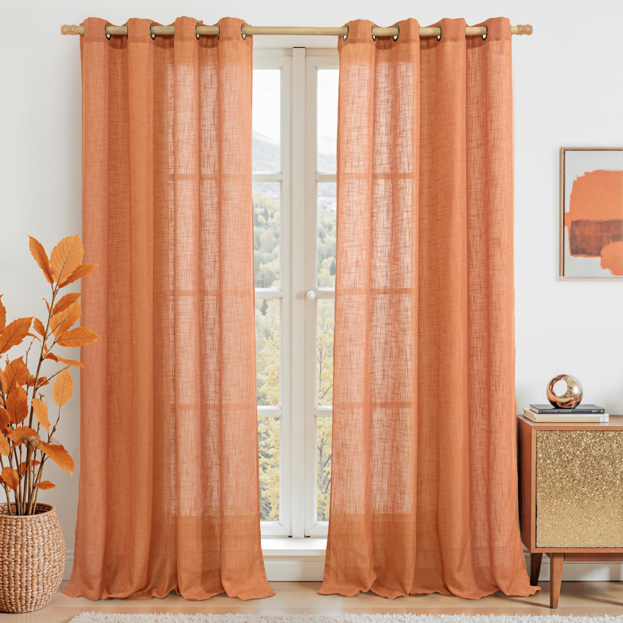 LAMIT Natural Ivory Linen Semi Sheer Curtains 84 inch Length, Cream Light Filtering Soft Thick Neutral Living Room Drapes with Bronze Grommet for Bedroom/Farmhouse, 2 Panels, 52 x 84 Inch