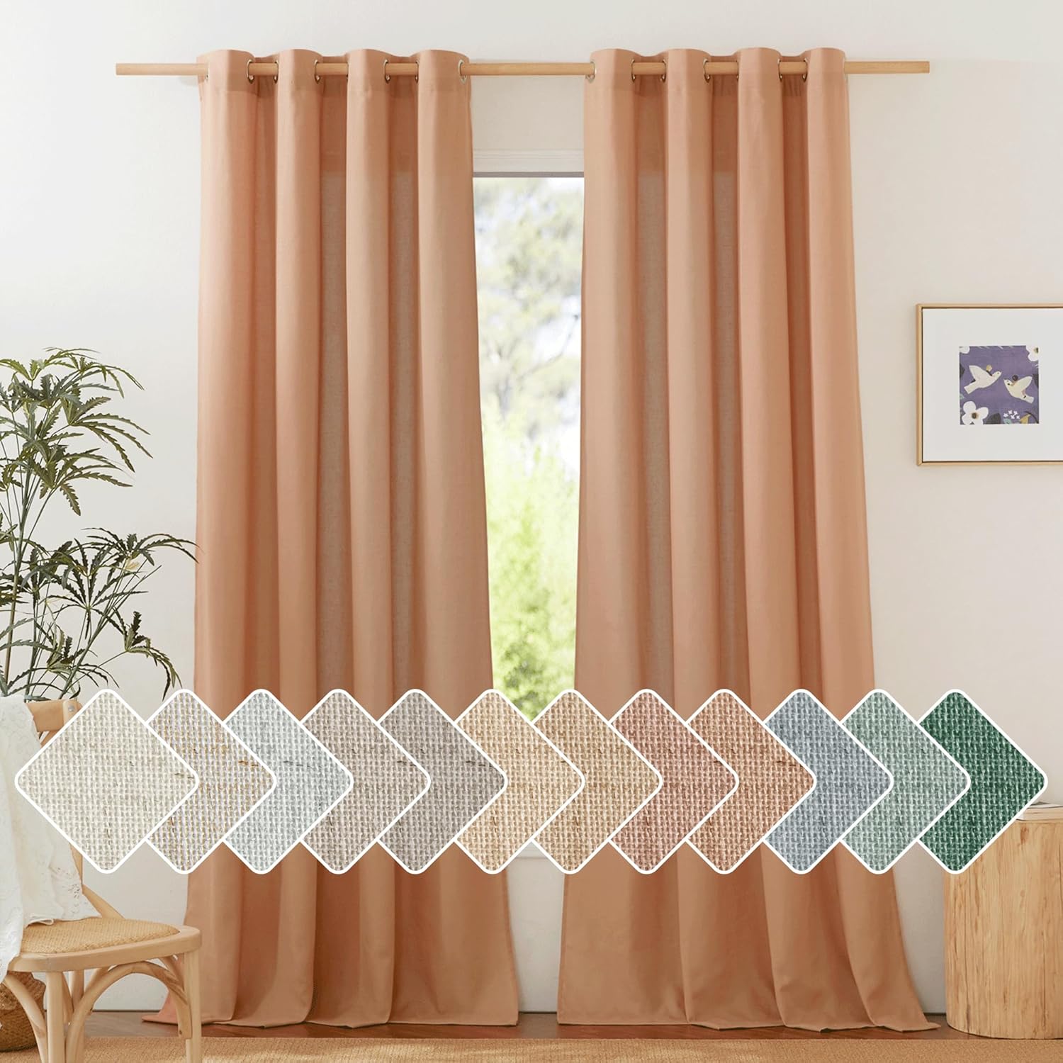NICETOWN Natural Linen Curtains 84 inch Long 2 Panels Set, Grommet Top Thick Linen Burlap Semi Sheer Vertical Drapes Privacy Assured with Light Filtering for Bedroom/Living Room, W55 x L84