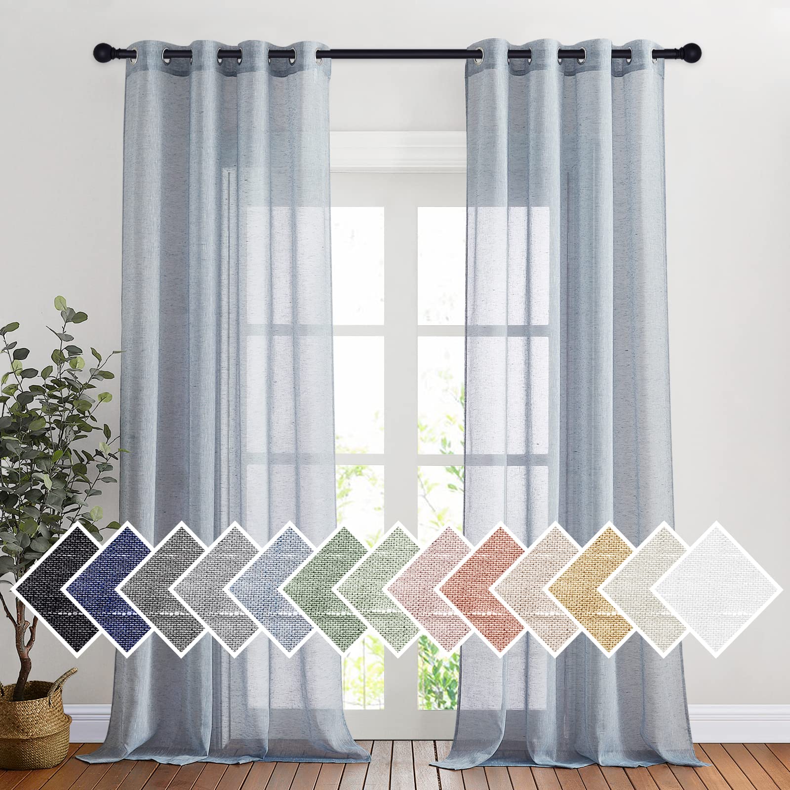 NICETOWN Semi Sheer Linen Curtains for Bedroom 84 inches Long, Grommet Privacy Vertical Farmhouse Window with Light Filtering for Living Room, Natural, W52 x L84, 2 Pieces